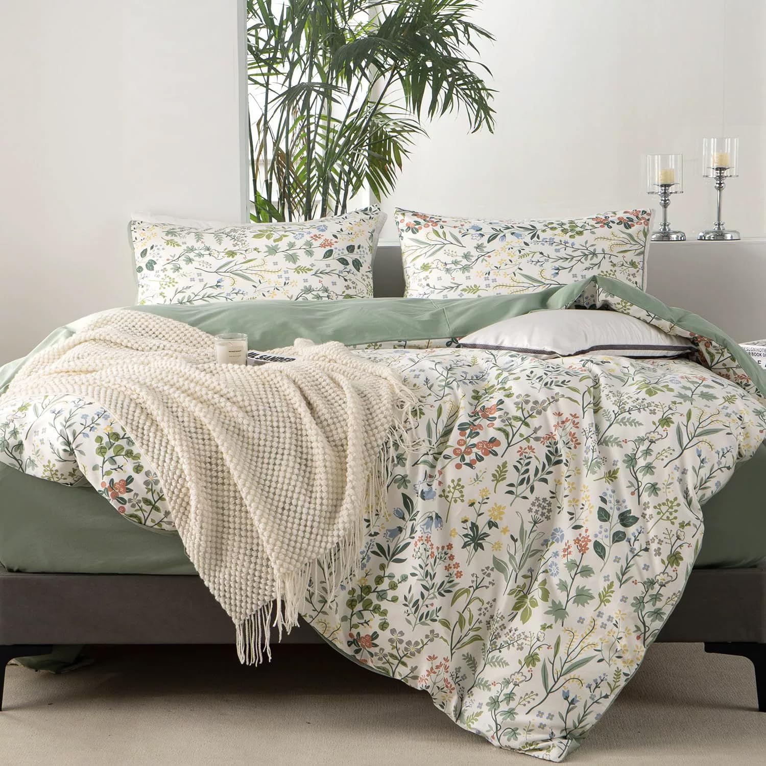 VM VOUGEMARKET Twin Duvet Cover Set 3 Pieces Sage Green Botanical Flower Duvet Cover with 2 Pillowcases Cottagecore Bedding Set 100% Cotton White Green Comforter Cover Without Filling