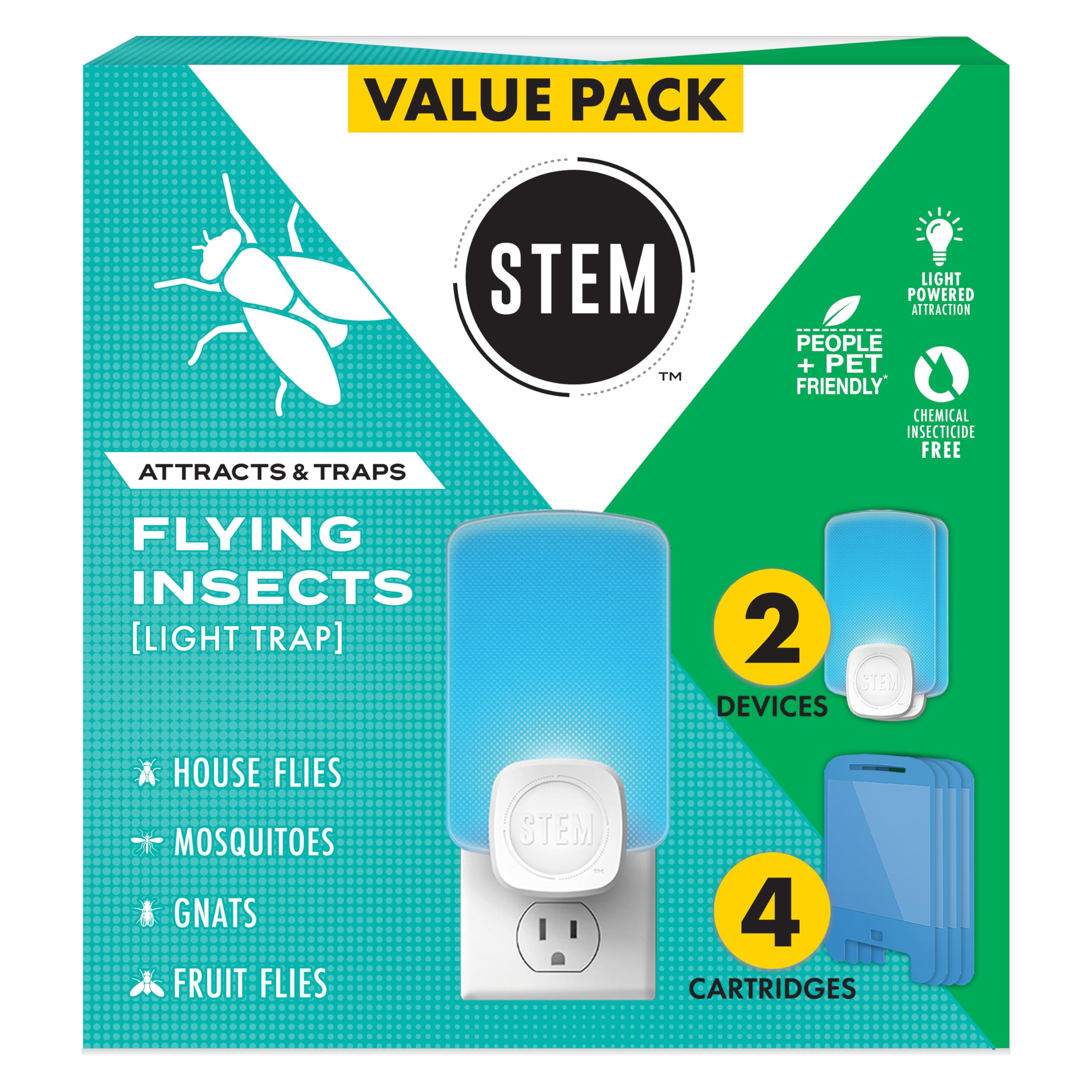 STEM Flying Insect Trap - Indoor Fruit Fly & Gnat Catcher for Home, Kitchen & Any Room, Attracts & Traps Bugs, Soft Blue UV Light - Includes 2 Plug-in Devices & 4 Cartridges