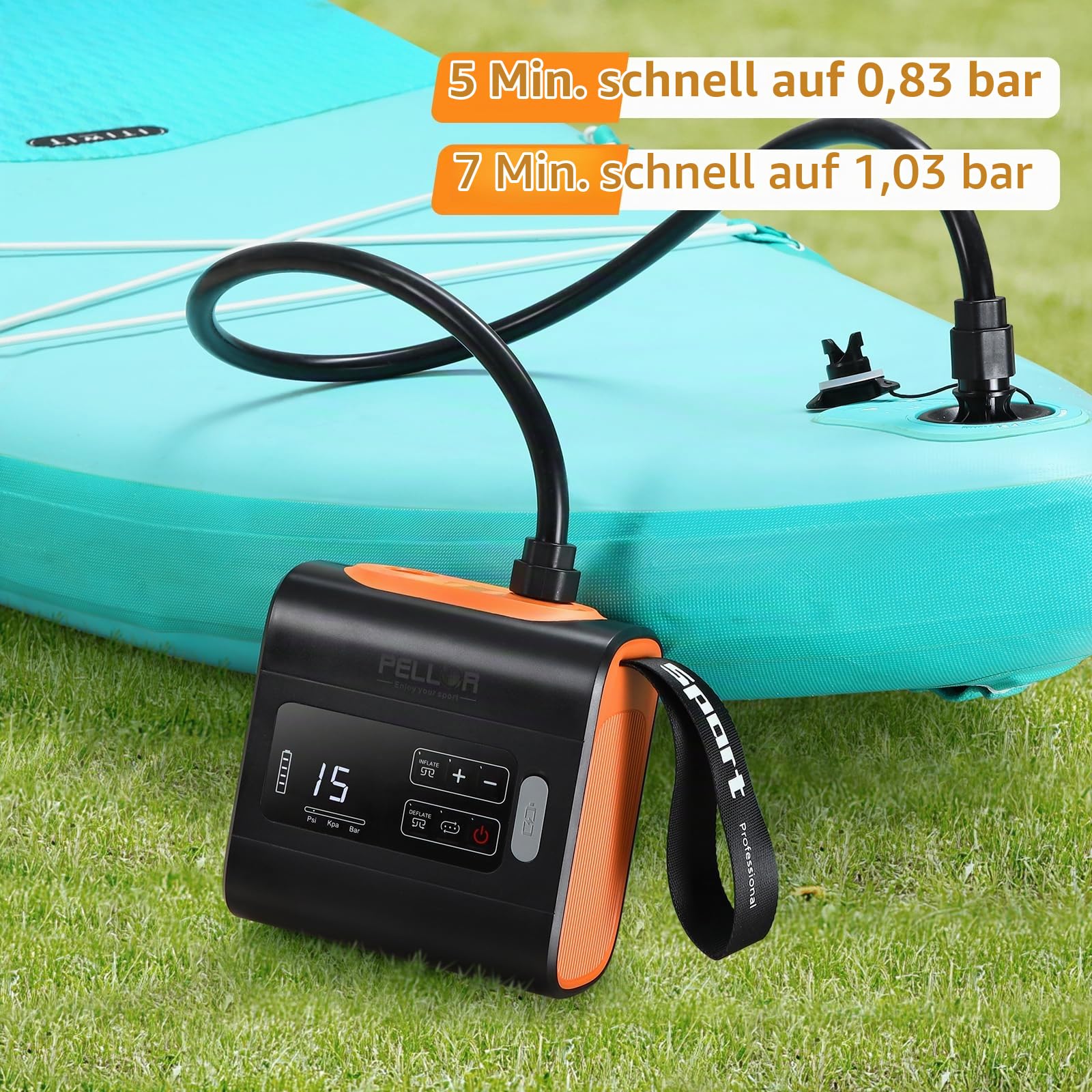PELLOR Elektrische SUP Pumpe, 22 PSI Tragbare SUP Luftpumpe mit Akku, zweistufiges Aufblasen und Entleeren, Auto-Off für Aufblasbare Stand Up Paddle Boards,Kajaks,Zelte,Boote