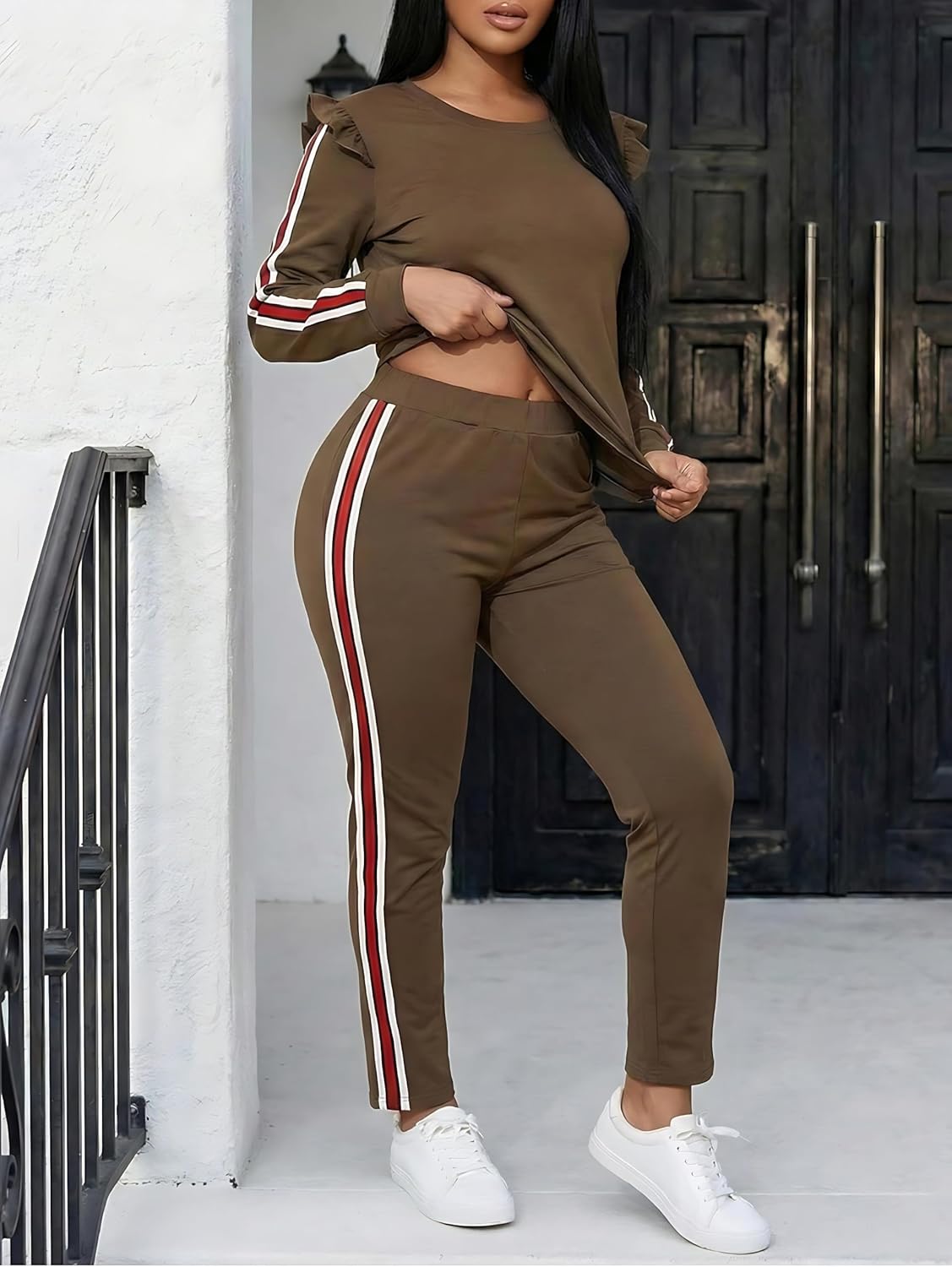 Women's 2 Piece Outfits Ruffle Sleeve Sweatshirt and Pants Sweatsuits Set Tracksuits