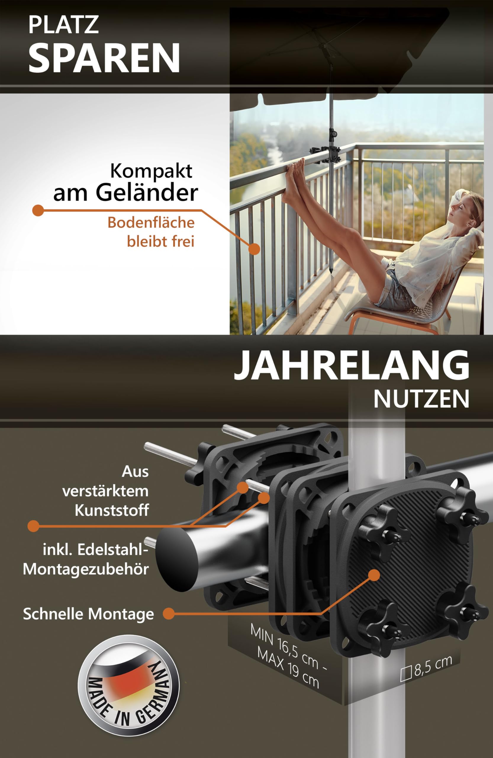 4smile SunnyGuy uchwyt do parasola balkonowego na balustradę, kolor czarny – niezawodny, uniwersalny uchwyt do parasola na balkon – kompaktowy uchwyt do parasola na balustradę balkonową, zastępujący