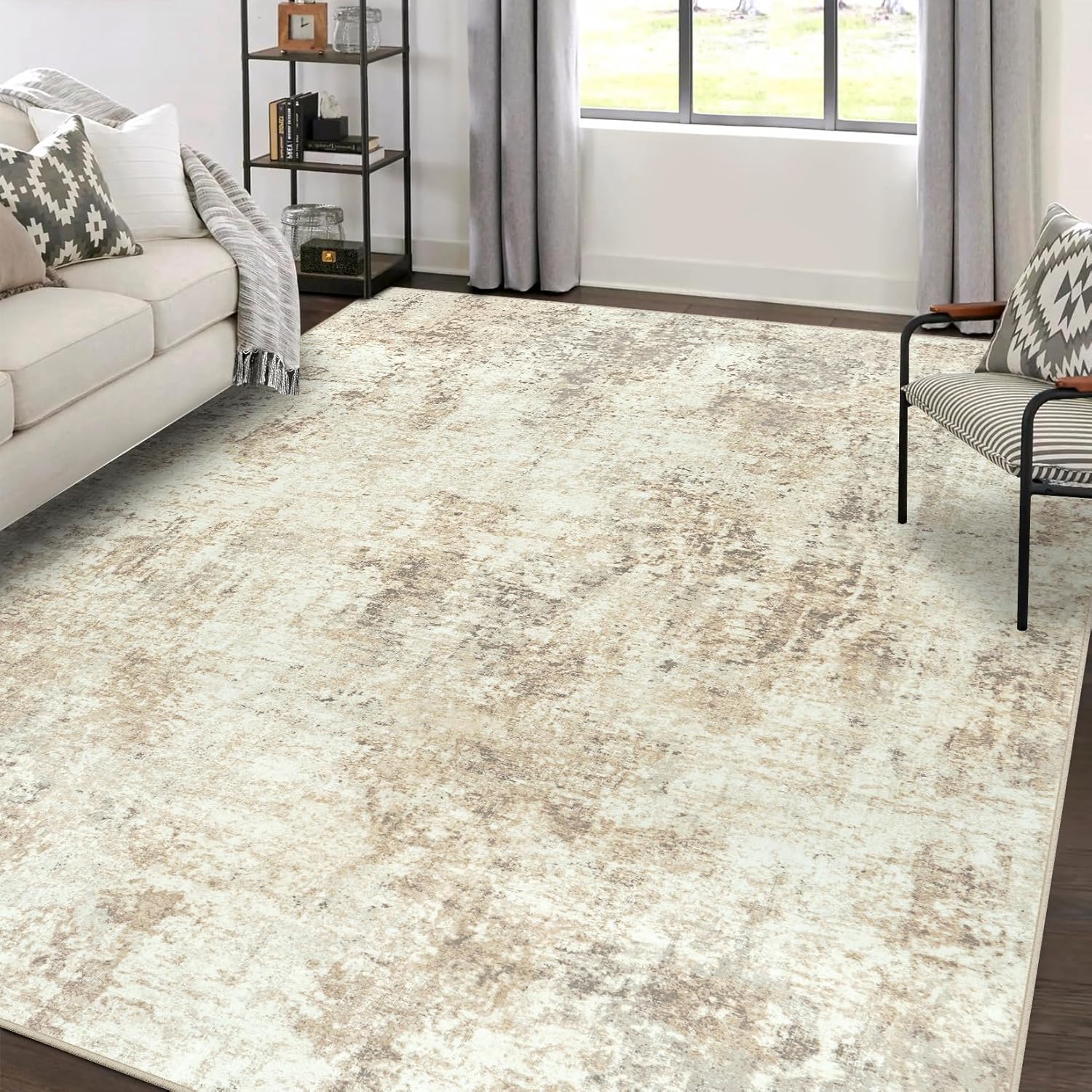 Area Rugs 8x10 Living Room: Large Soft Washable Rug Modern Abstract Anti-Skid Non-Shedding Carpet Indoor Floor Thin Carpets for Bedroom Dining Room Farmhouse Nursery Home Office Beige Grey Beige Grey 8' x 10' (Rectangular)