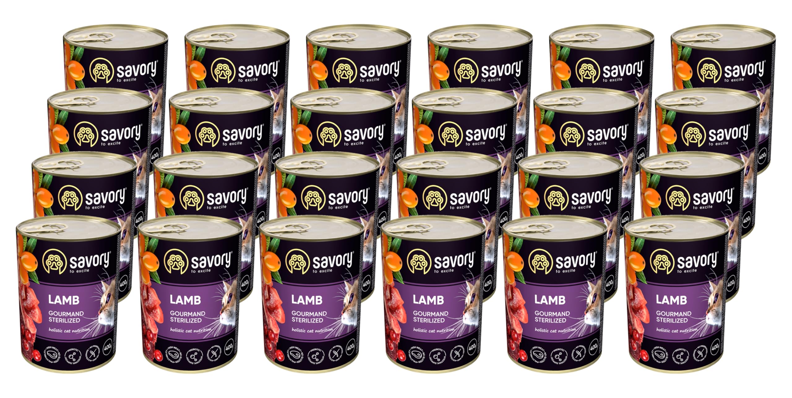 Savory - Comida húmeda para Gatos - Comida húmeda para Gatos - para Gato Adulto esterilizado - Cordero - trozos de Carne Blanda, con taurina, vitaminas E, D3, Zinc - 24-Paquete (24x400 g)