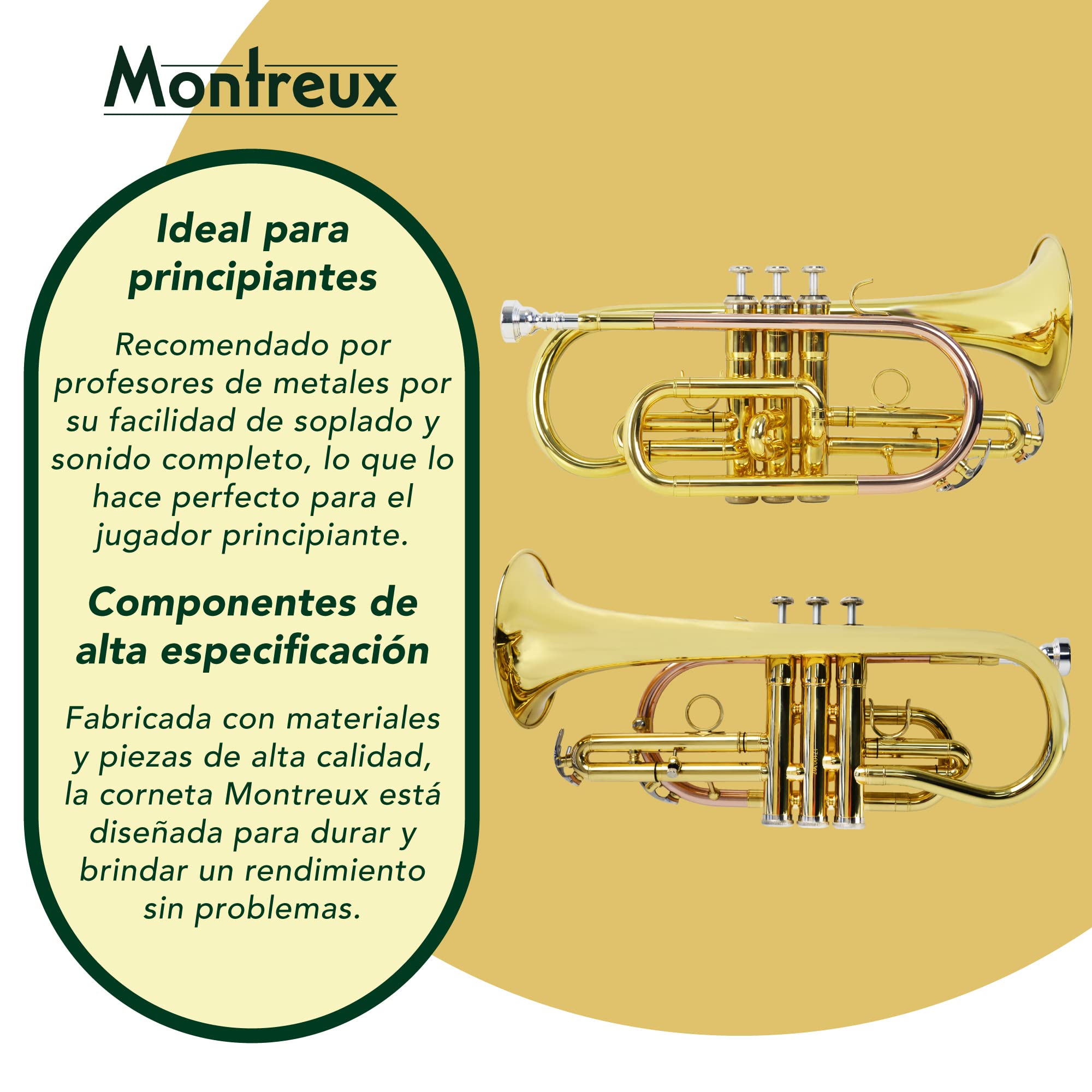 Montreux Student Bb Cornet Para Principiantes Con Estuche De Transporte Protector Ligero, Boquilla - Latón De Laca, Campana De 4.75 Pulgadas / 12 Cm, B Plana