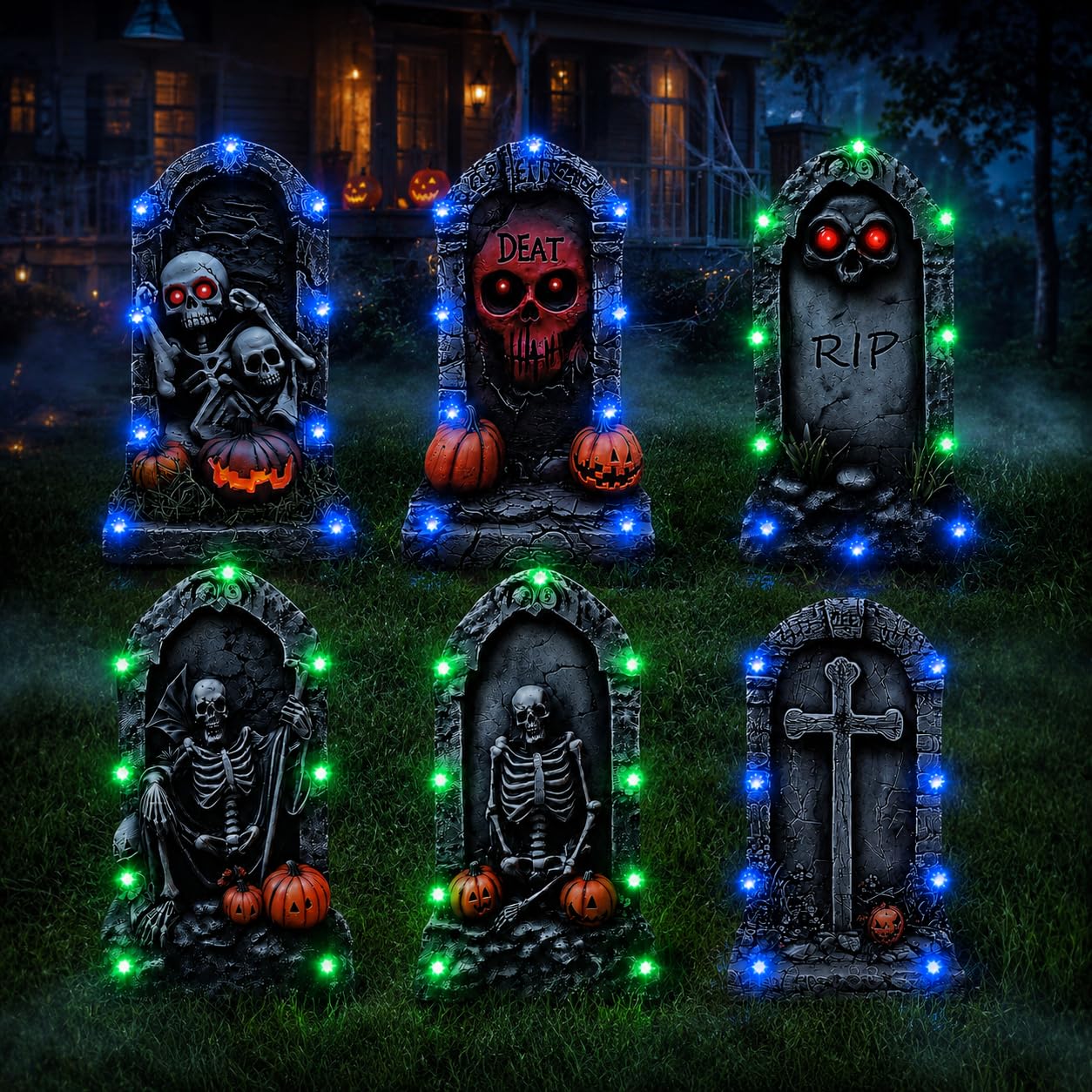 6 Pack Halloween Tombstones 40cm - Waterproof Yard Signs with LED Lights