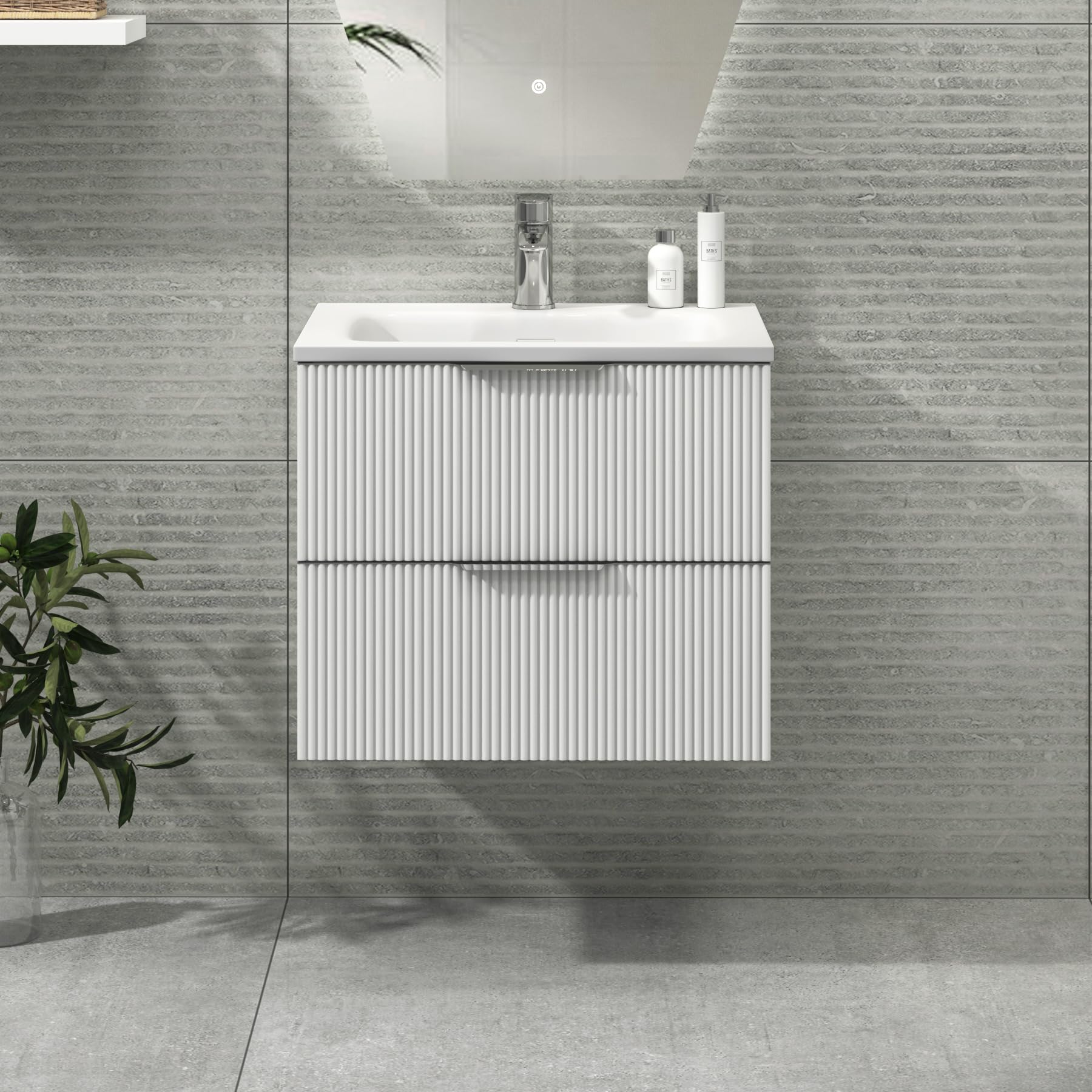 Royal Bathrooms.co.ukEvora 600mm Satin White Fluted Wall Hung Vanity Unit 2 Drawers Cabinet with Undrilled Stone Basin