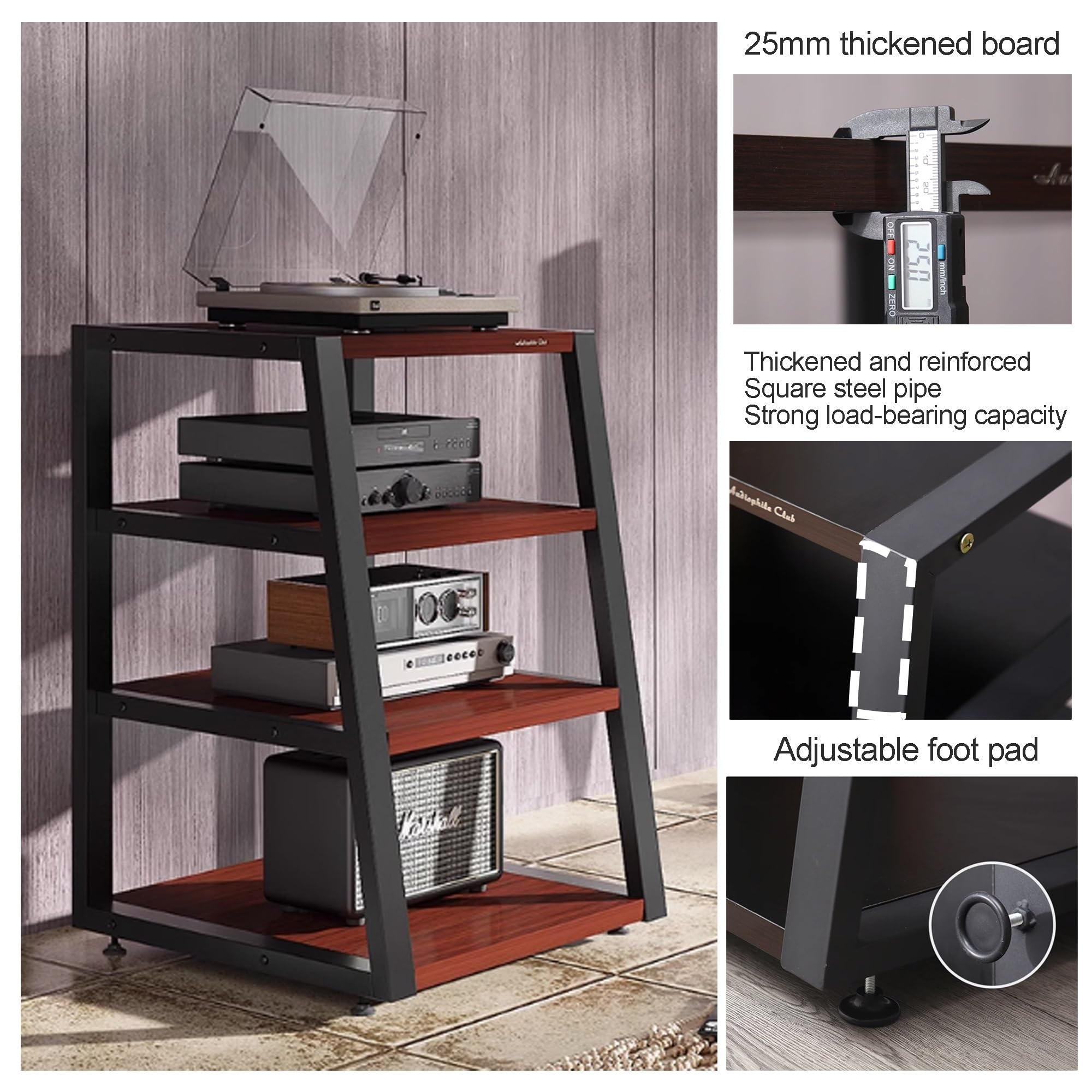 Stojak audio AV, 4-poziomowy stojak stereo do przechowywania multimediów i urządzeń rozrywkowych, odtwarzacz płyt DVD CD, uchwyt do domu, biura, kina, czarny, 60 x 52 x 60 cm