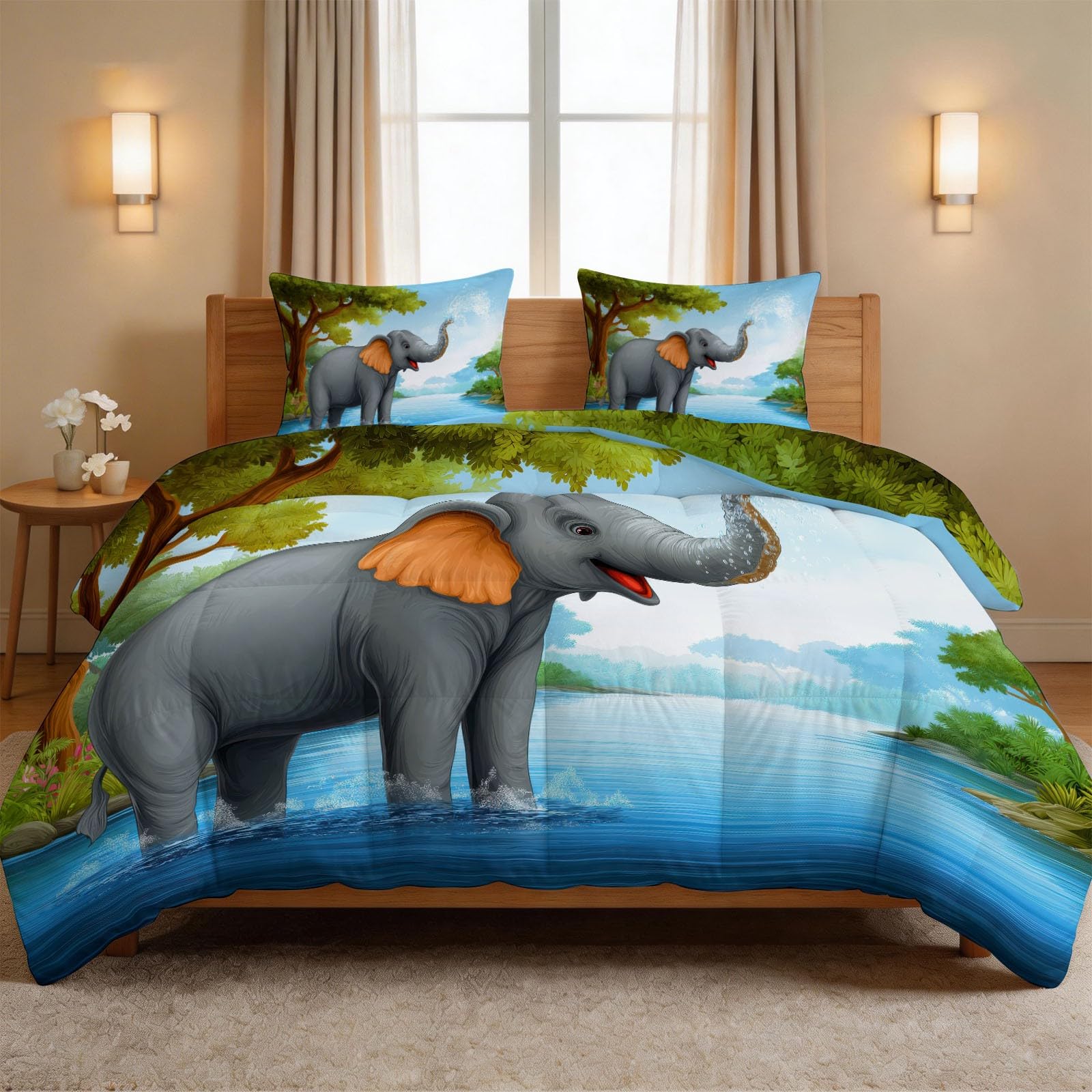 Piumone da 200 x 200 cm, 4 stagioni, motivo foresta, elefante, fiume, caldo, delicato sulla pelle, per tutto l'anno, 200 x 200 cm, con cartoni animati, calmante, senza rivestimento, lavabile, con 2