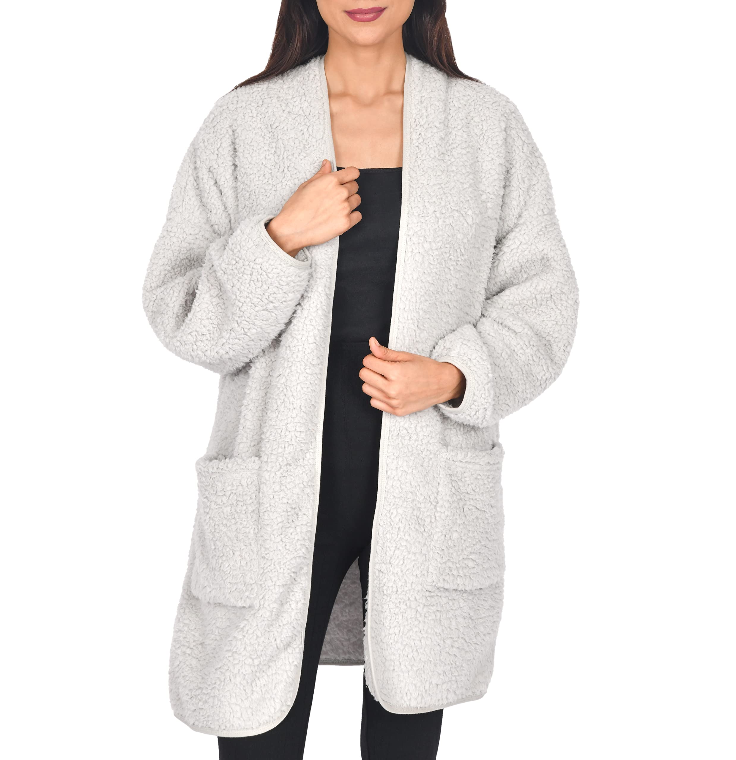 SleepdownWomen's Ladies House Coat Luxury Borg Bath Robe Rib Placket Dressing Gown Warm Cosy Loungewear