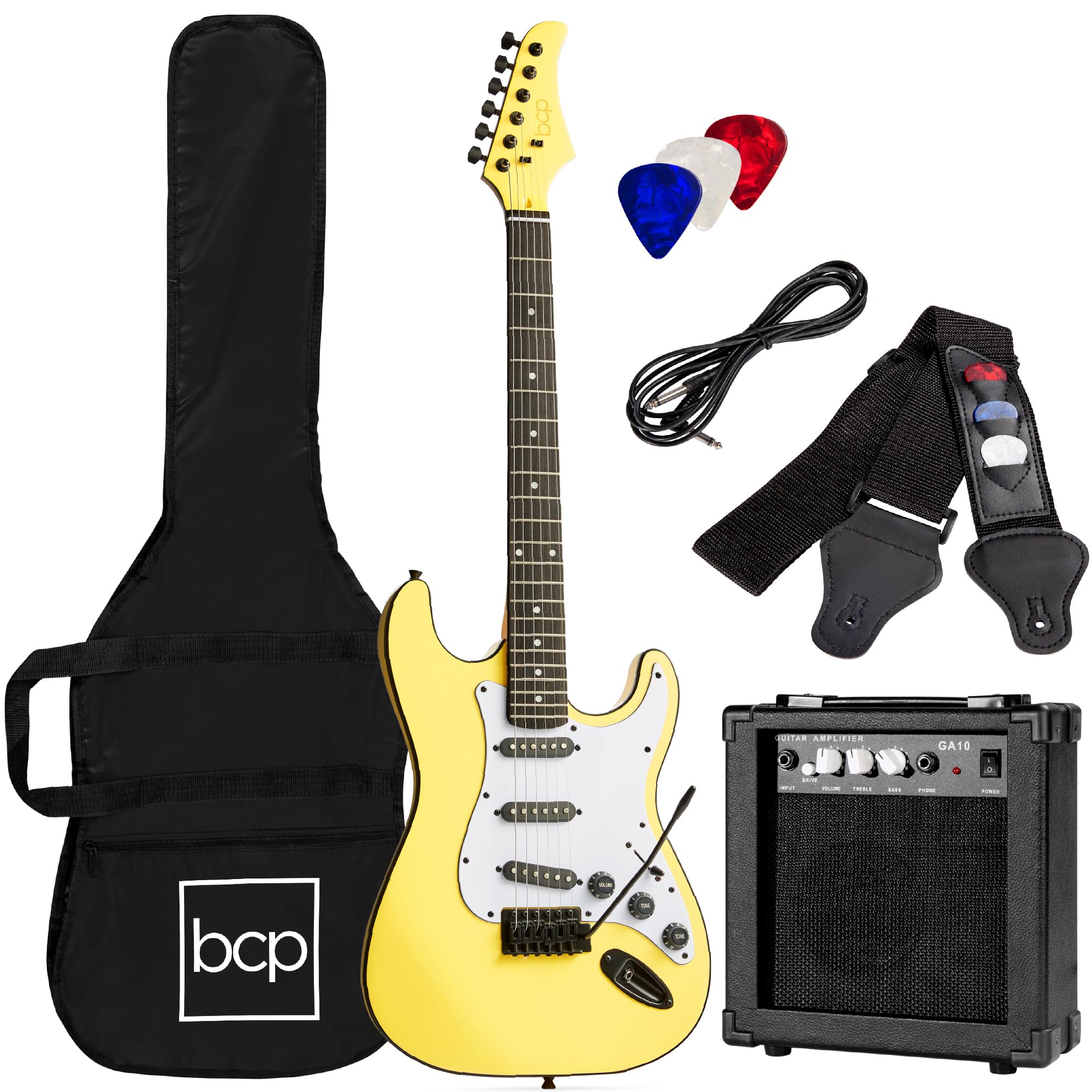 Best Choice Products39in Full Size Beginner Electric Guitar Starter Kit w/Case, Strap, 10W Amp, Strings, Pick, Tremolo Bar - Yellow
