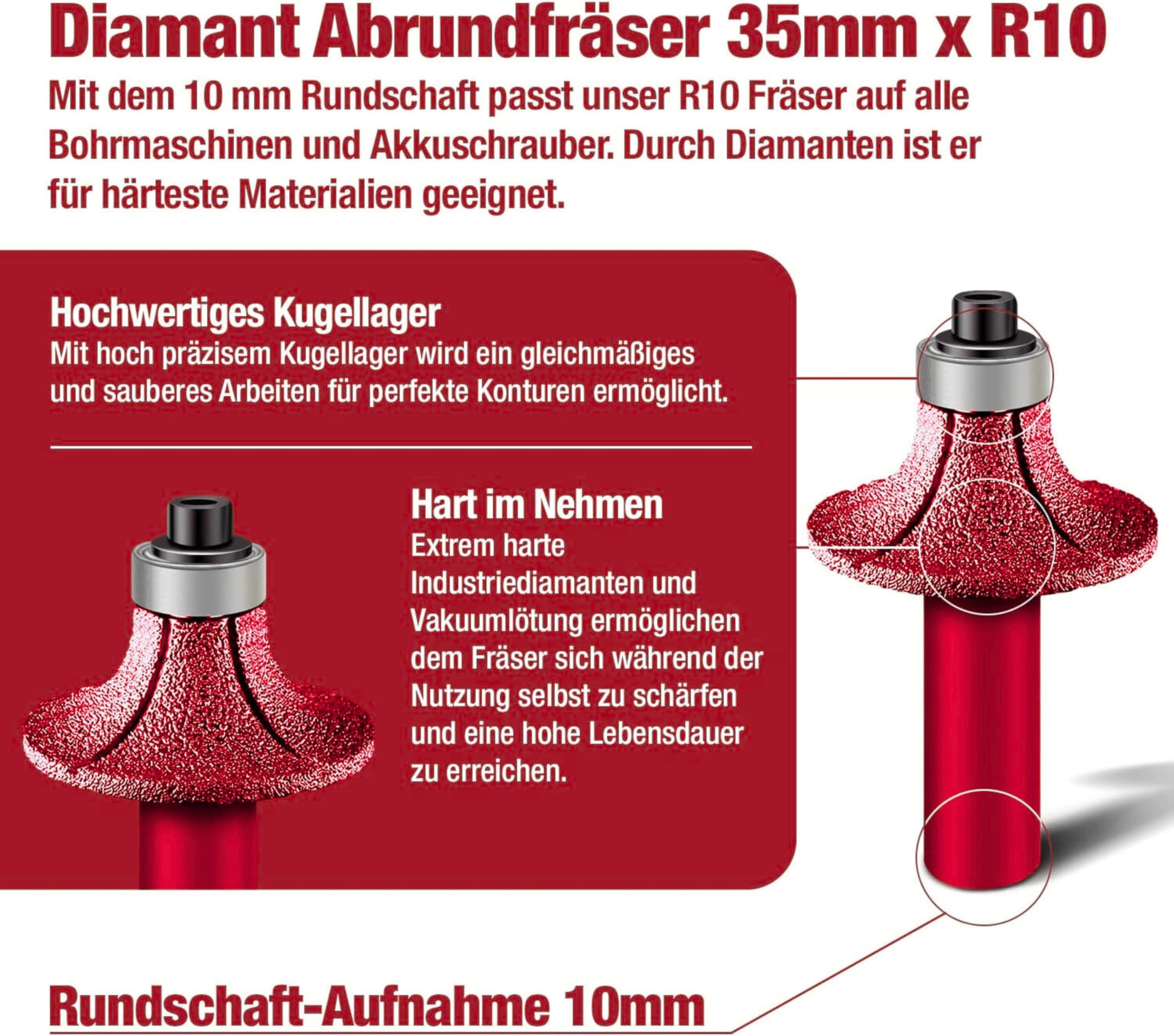 Fraise à arrondir diamantée 35 mm × R10 – Pour l’arrondi des carreaux durs, grès cérame, granit, marbre, etc. – Fraise à rayon et à profiler R10