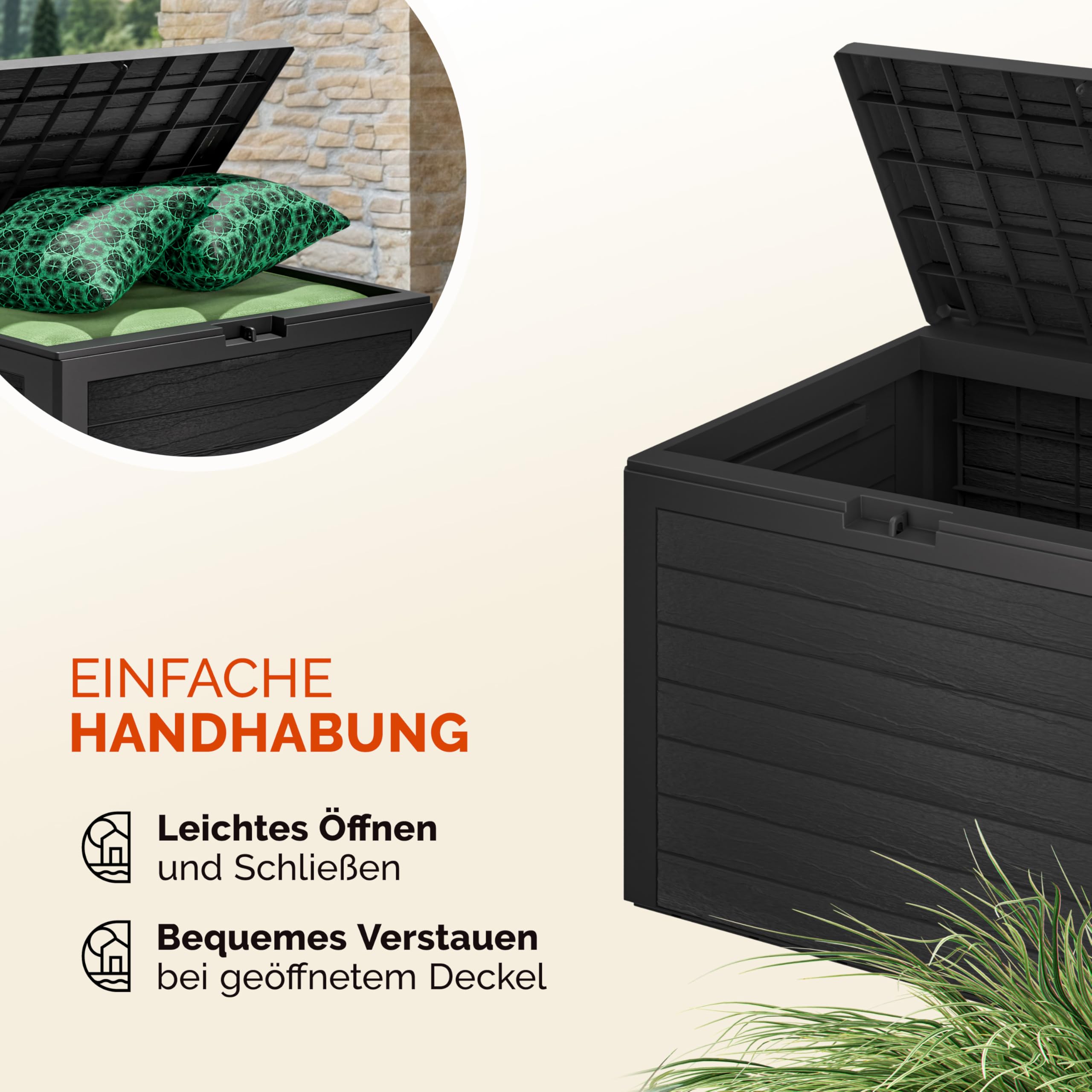 Casaria® Gartenbox 190L UV-beständig Griffmulden Verschlussvorrichtung Balkon Terrasse Wohnzimmer Wintergarten Kissenbox 78x44cm Holz-Optik Anthrazit