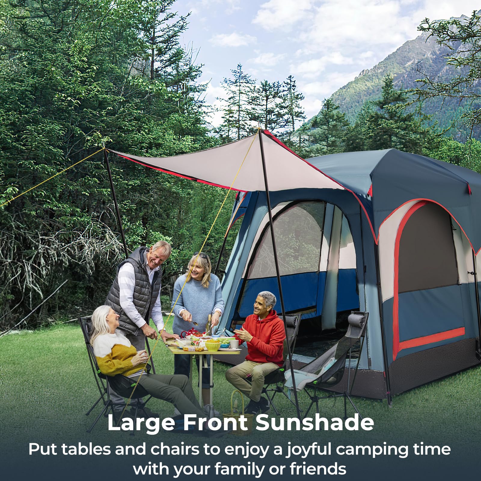 HOMASIS Tente de Camping avec Auvent 4-6 Personnes pour Famille, Tente Tunnel avec 2 Séparateurs de Pièce et 3 Entrées avec Sac de Transport pour randonnée, Facile à Monter