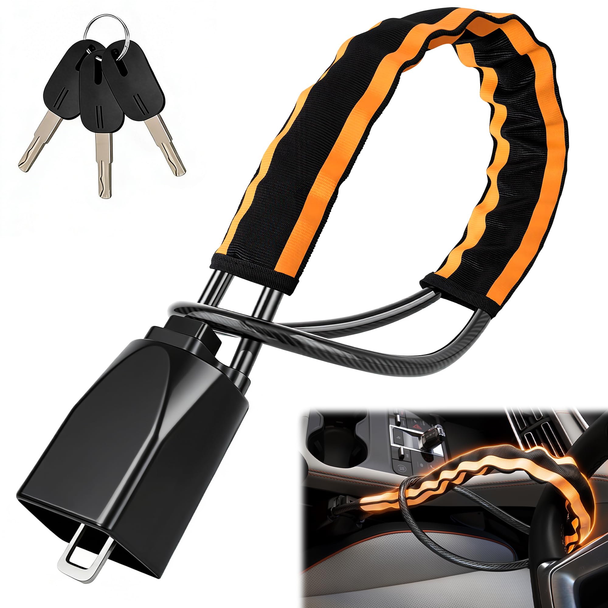 Upgraded Reflective Stripe Steering Wheel Lock,Seat Belt Lock,Metal Head,Heavy Duty Universal Car Lock Steering Wheel,High Visibility Car Locks Anti-Theft Device,3Keys (Orange)