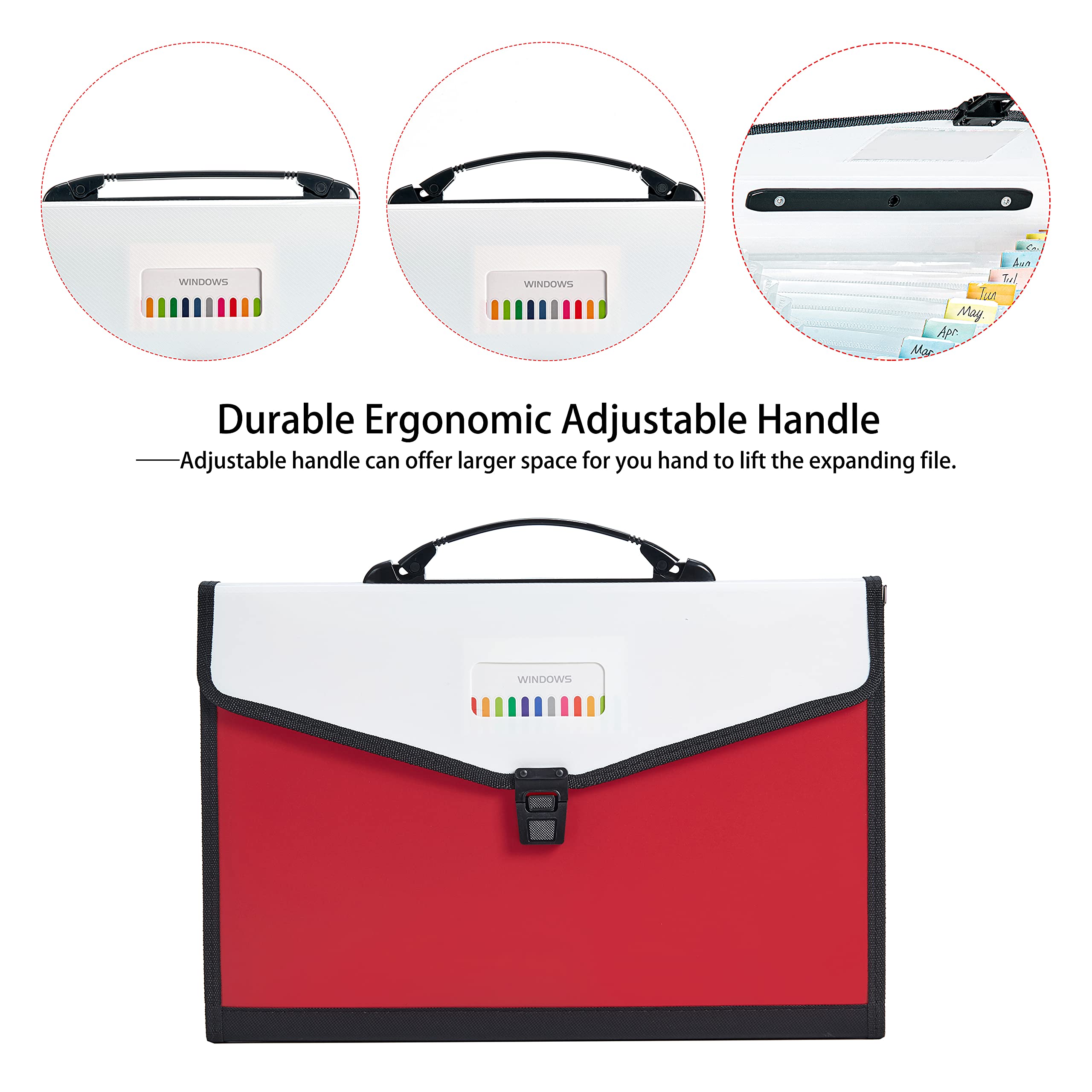 Cartella portadocumenti espandibile con 13 tasche, con manico, in plastica, espandibile e mensile, portatile, per ufficio, scuola e casa (rosso)