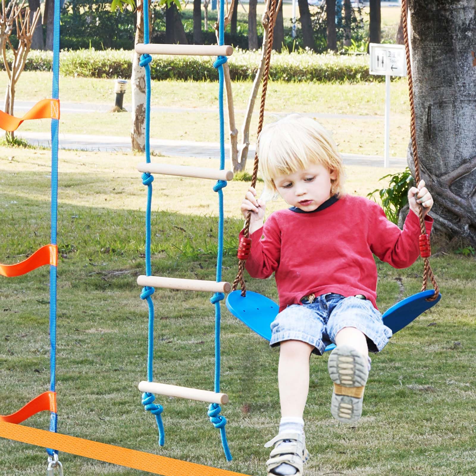 VEVOR Ninja Slackline Hindernisse Set 2 x 17 m Slacklines, 226,8 kg Tragkraft Ninja Hinderniskurs, Outdoor-Spielset-Ausrüstung, Hinterhofspielzeug-Trainingsausrüstungsset mit 12 Hindernissen