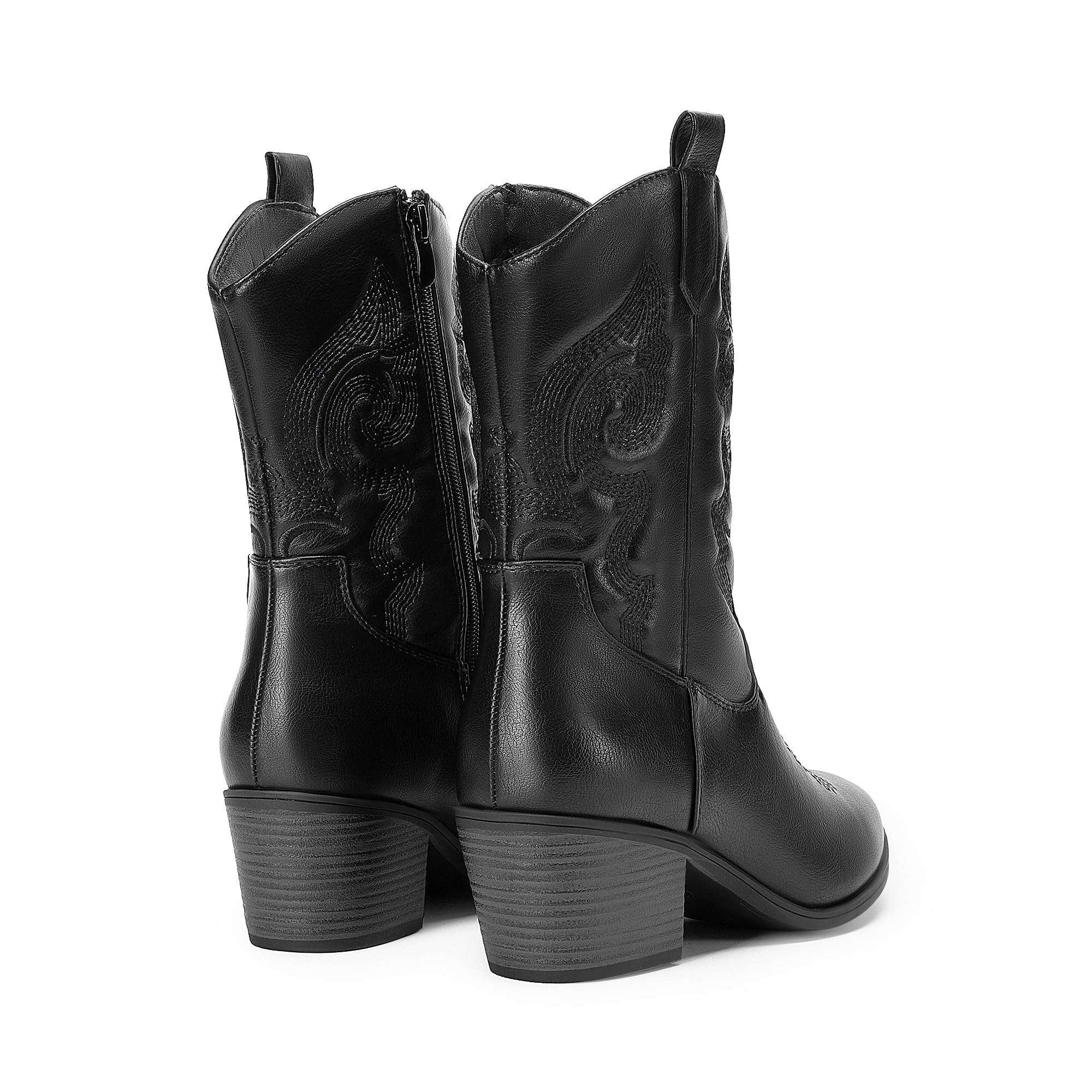 DREAM PAIRS Botas Vaqueras para Mujer, Botas Vaqueras de Media Caña con Bordado, Punta Redonda, Tacón Bajo Grueso Estilo Western