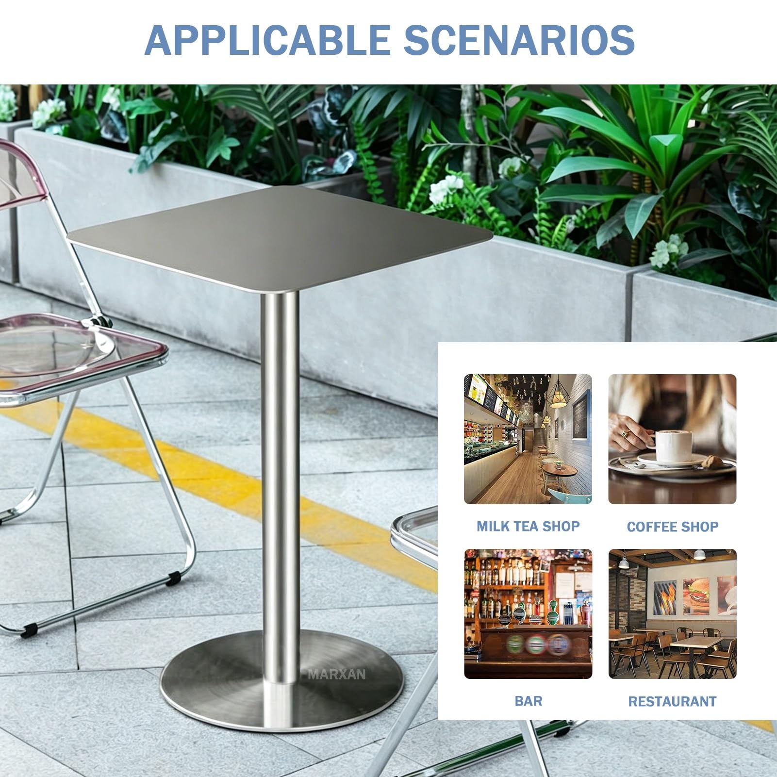MARXAN Table de Bar à Cocktail en Acier Inoxydable, Plateau de 50 cm/60 cm, Table Basse carrée pour Salon, Salle à Manger, Bout de canapé, Cuisine, Petit-déjeuner, Salle à Manger(60x60x75cm)