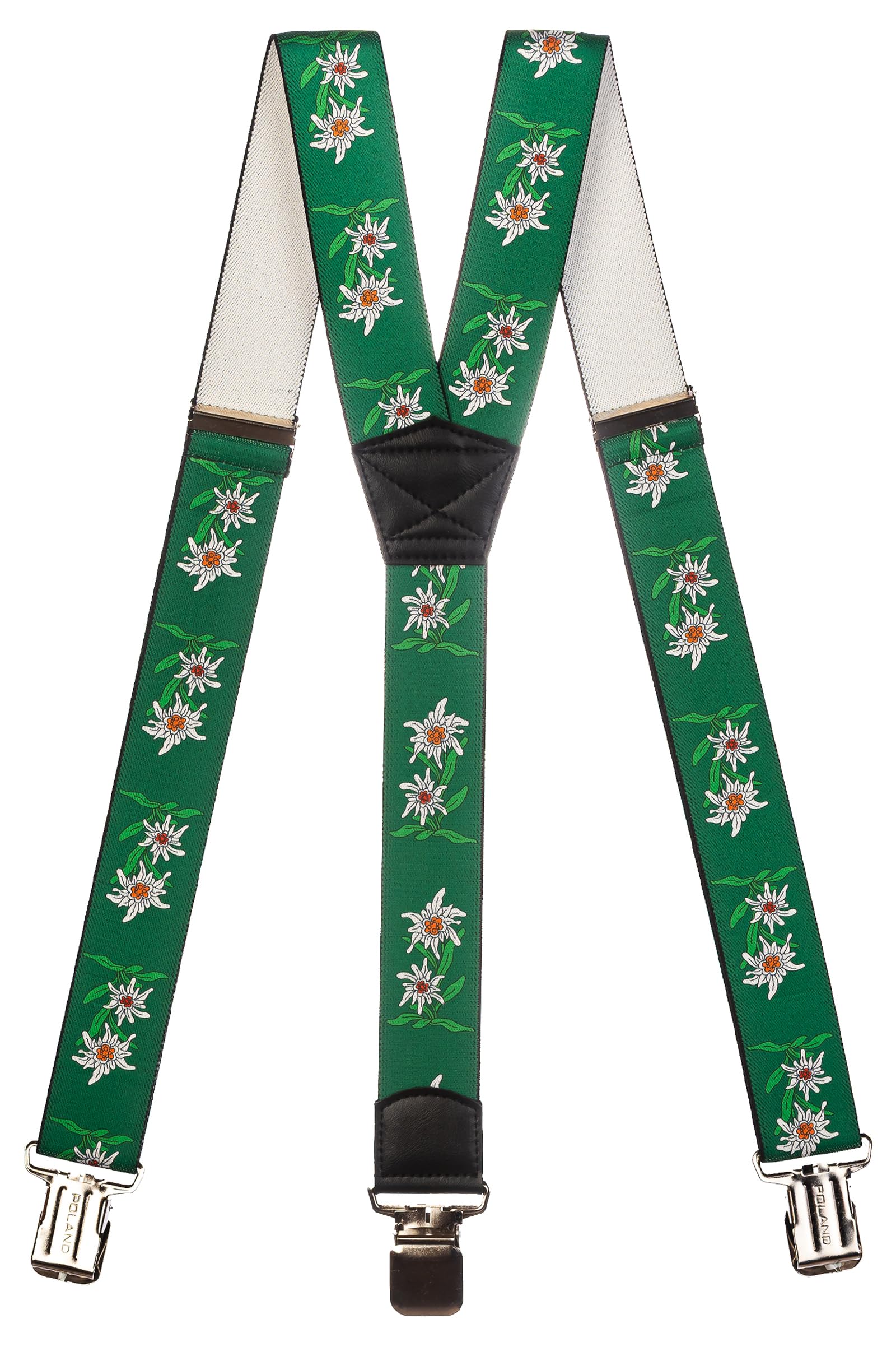Olata Men's Heavy Duty Printed Y-Shape Braces/Suspenders with Edelweiss Pattern, 4cm - Green