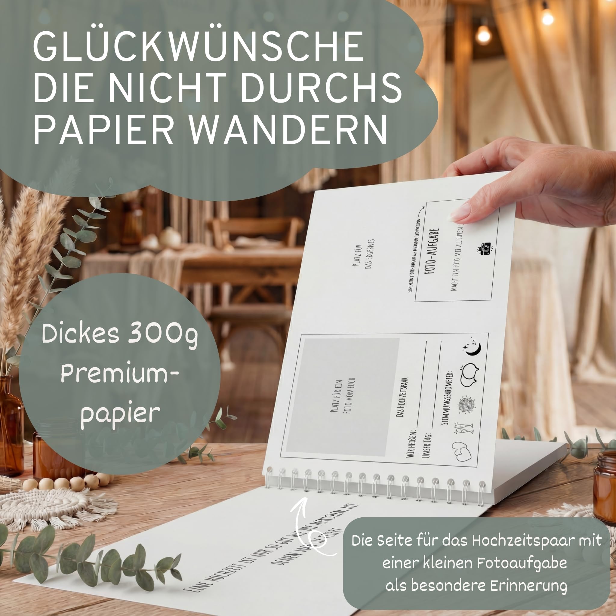 Fotoaufgaben & Gästebuch Hochzeit mit Fragen | Set für 100 Gäste | 100 Aufgabenkarten & Platz für bis zu 100 Gäste | Modernes, Schlichtes Design | Nachhaltig produziert