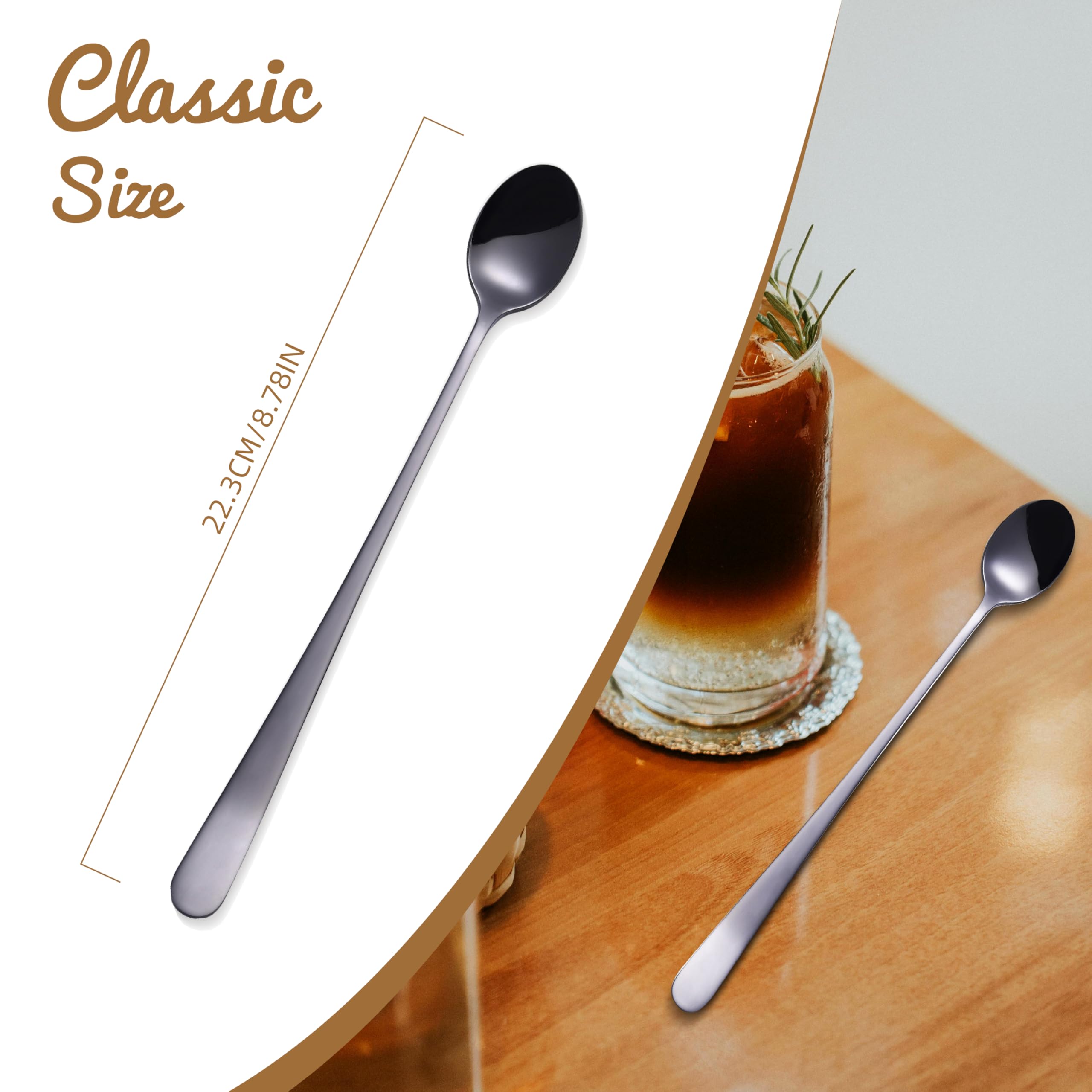 Cucchiaini da caffè dorati con manico lungo, in acciaio inox di alta qualità, per tè freddo, gelati, cocktail, set da 6