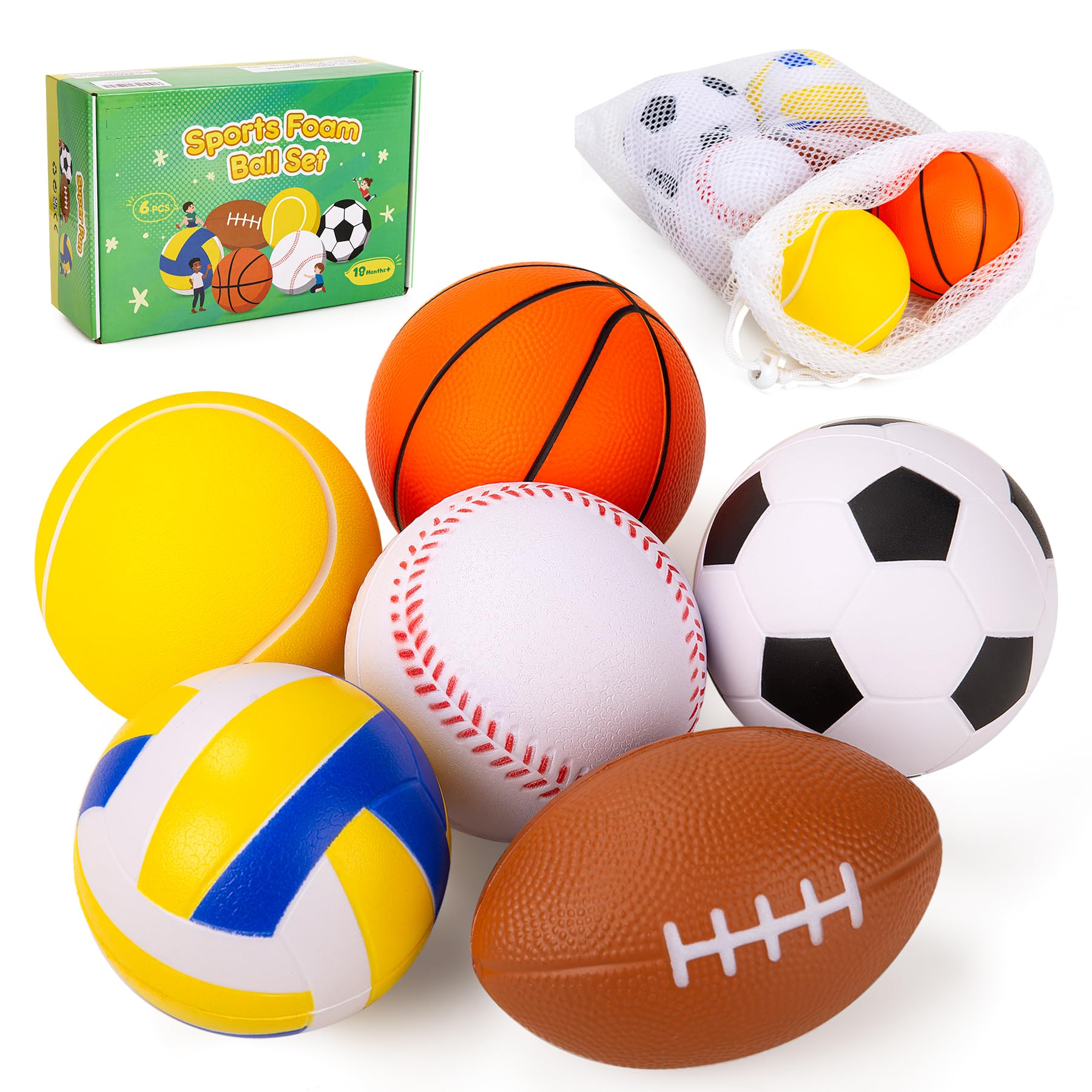 INPODAK 6Pack 3.5inch Foam Sports Ball for Toddlers 1-3 Baby Balls Set Including Basketball Soccer Baseball Tennis Volleyball Football with Bag Toddler Ball Toy for Indoor outdoor Play — image 1