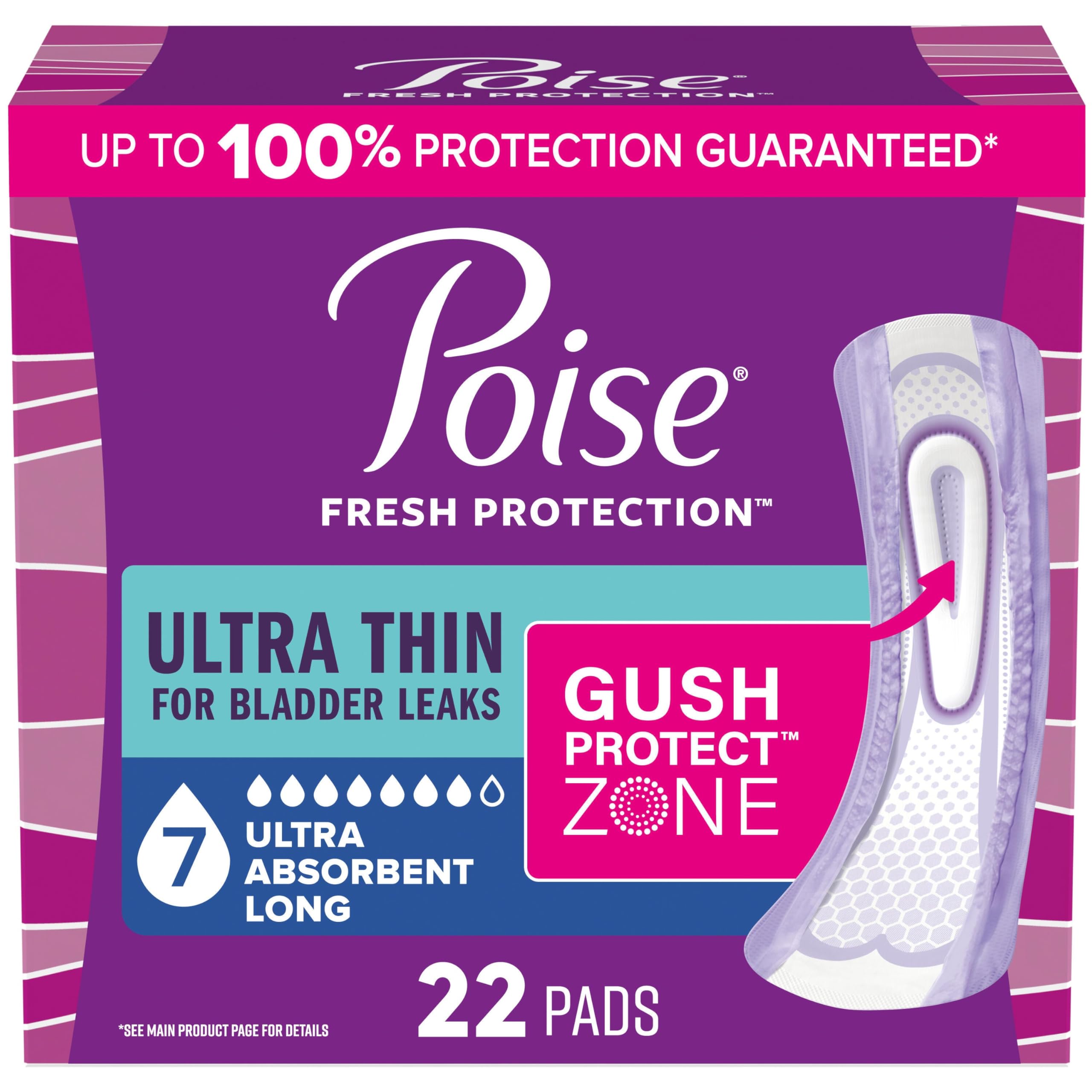 Photo 1 of Poise Ultra Thin Incontinence & Postpartum Pads for Bladder Leaks, 7 Drop Ultra Absorbency, Long Length, 22 Count (Packaging May Vary)