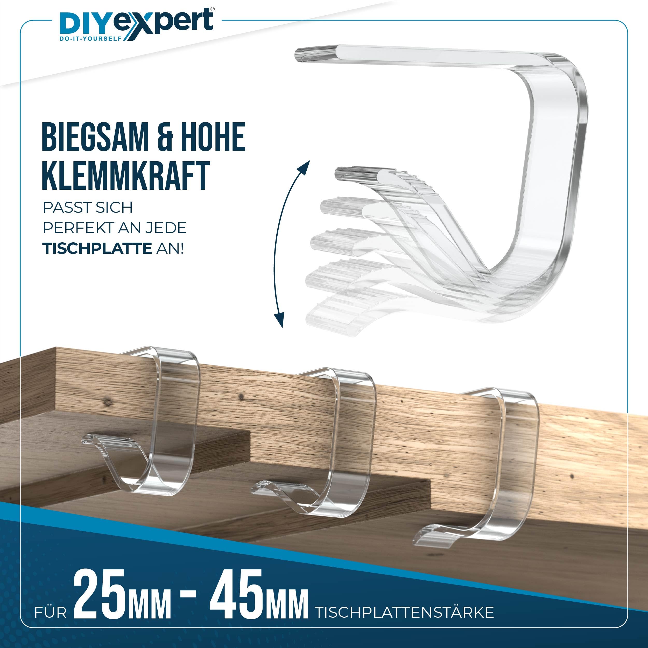 DIYEXpert - Juego de 4 Pinzas para Mantel de plástico (4 Unidades, para mesas de hasta 45 mm de Grosor)