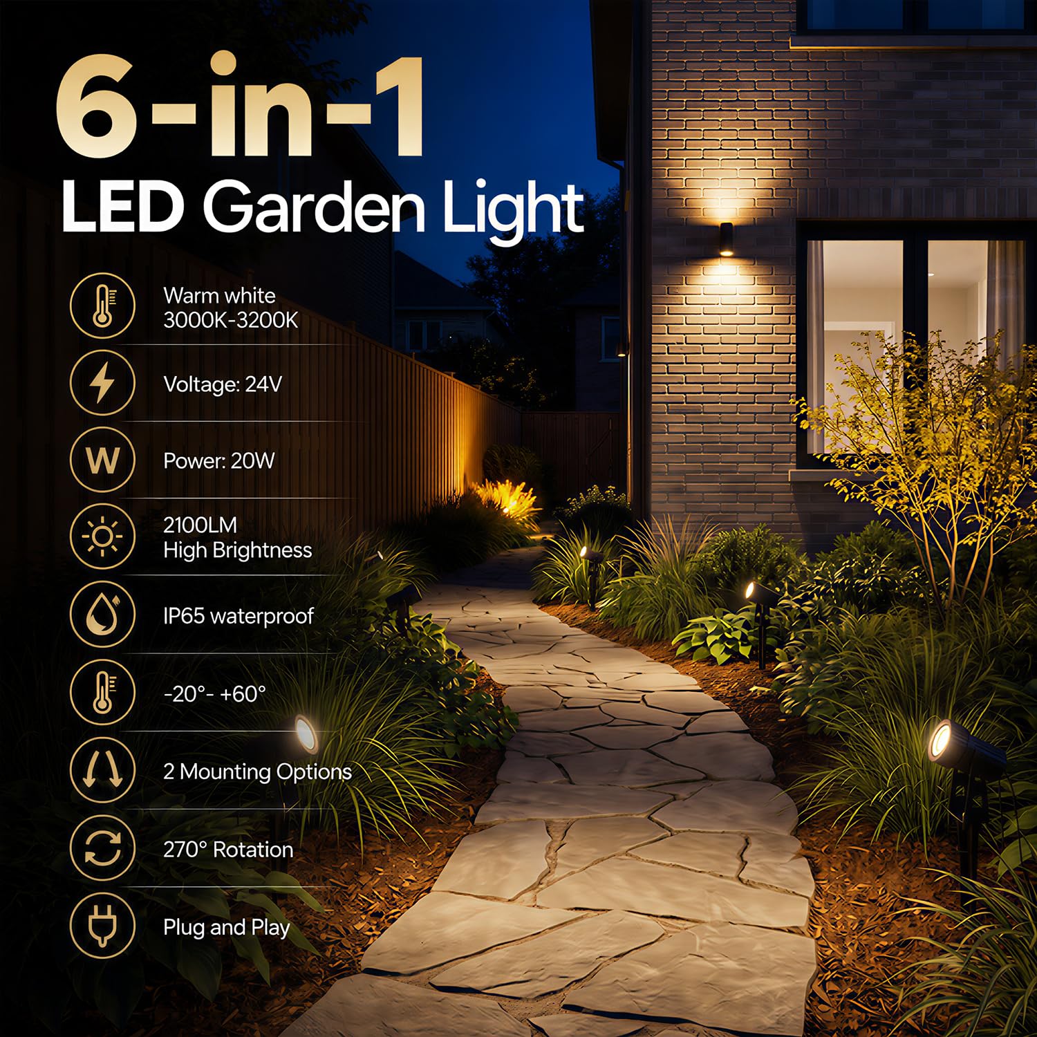 6 focos de jardín LED de luz de jardín, blanco cálido, foco led exterior con clavija de tierra, iluminacion para exterior, árbol de césped, 24V 20W IP65