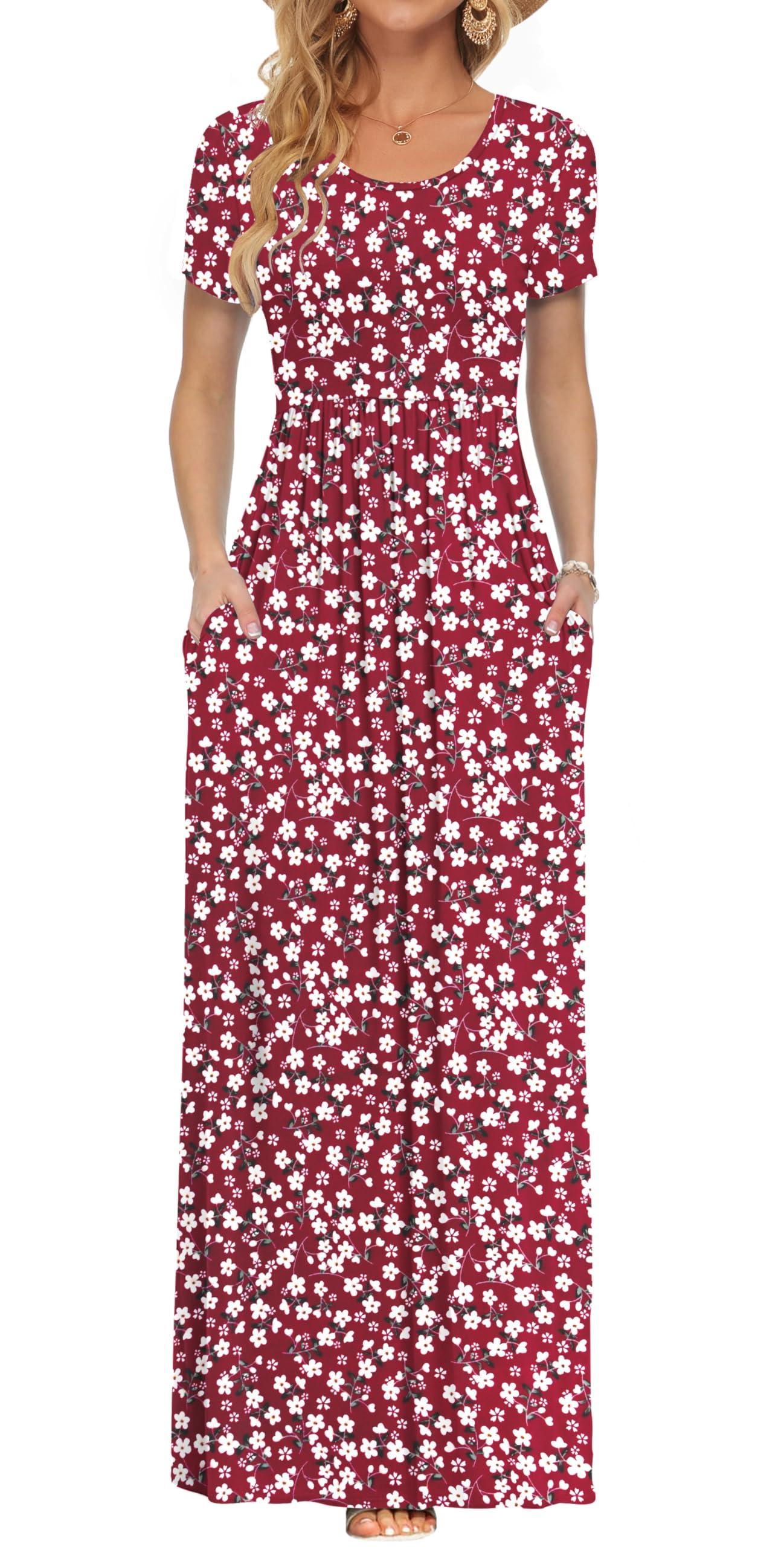 AUSELILY Damen Kurzarm Sommer Casual Long Maxi Kleider mit Taschen Rot geblümt 3XL