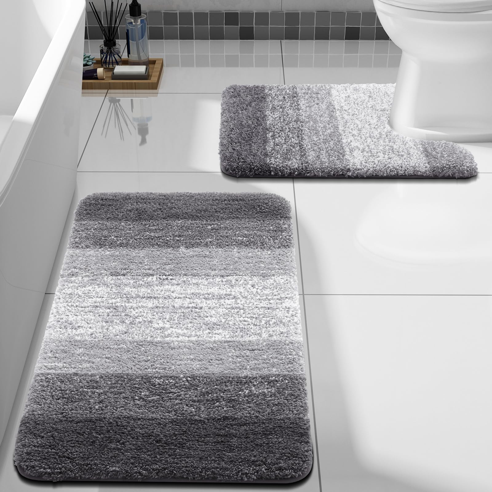 Arotive Bathroom Rugs Sets 2 Piece, Shaggy Soft and Absorbent Microfiber Bath Rugs and U-Shaped Contour Toilet Rug, Non-Slip, Machine Washable Dry Bath Mats for Bathroom (24"x16"+24"x20", Grey)
