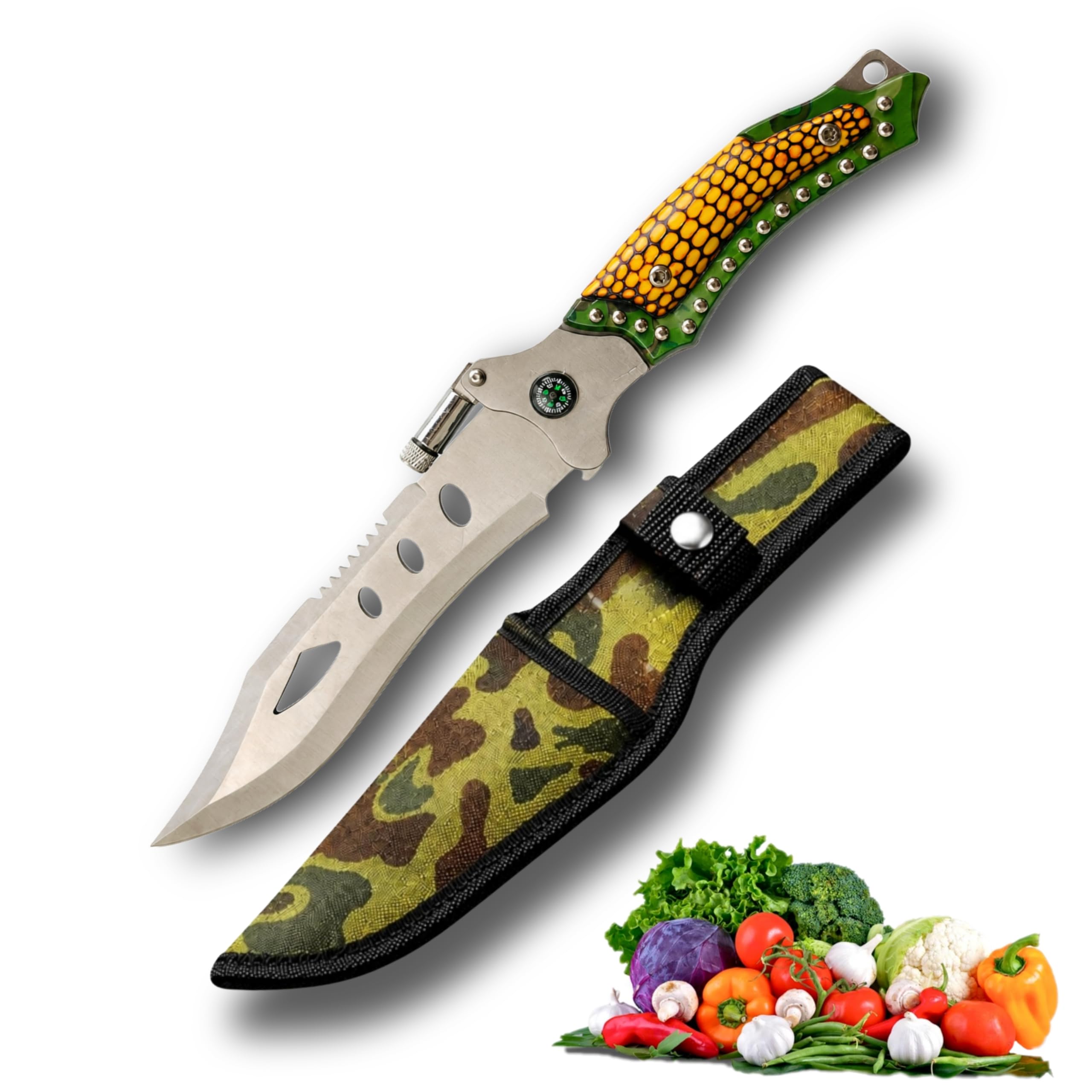Long Utility Kitchen Knife with Protective Cover, Camouflage Pattern| Portable Travel Essential for Home, Hiking, Camping with Compass-image-49