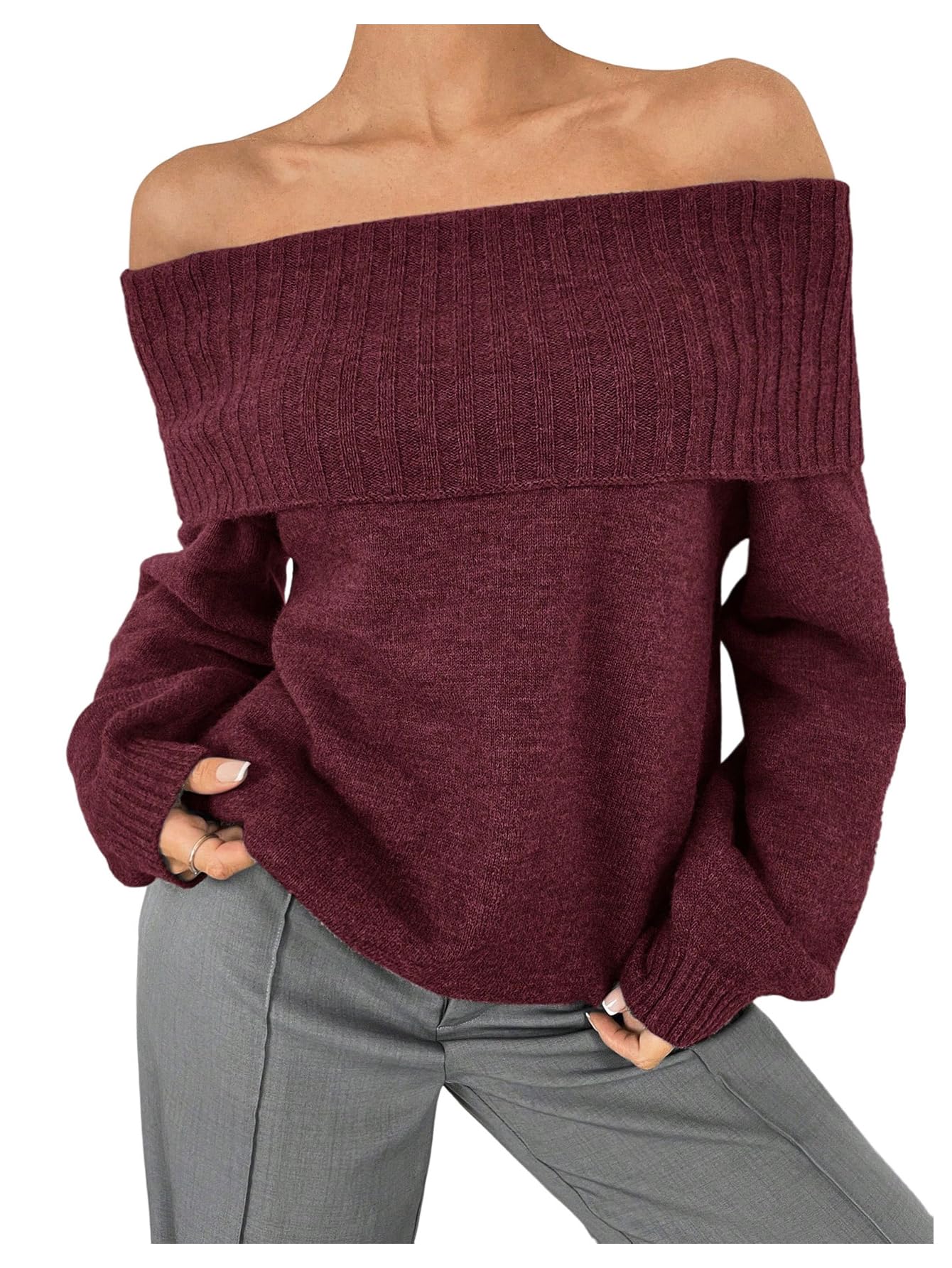 Floerns Womens Off The Shoulder Sweater Oversized Long Sleeve Knit Fall Pullovers