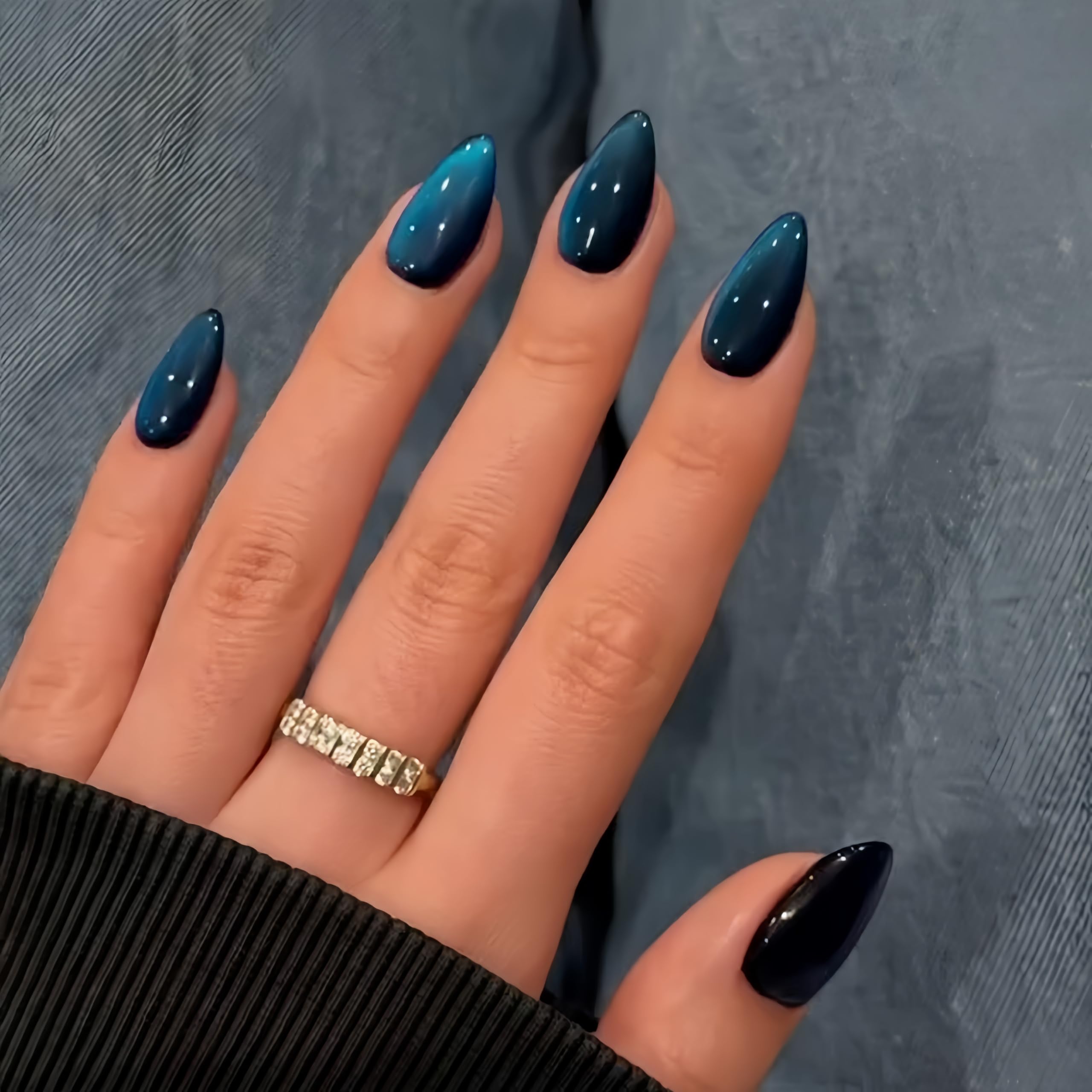 Dark Blue Cat Eye False Nails, SXVME Glitter Press on Nails Medium Almond, Sparkly Shiny Black Fake Nails Natural - Image 2