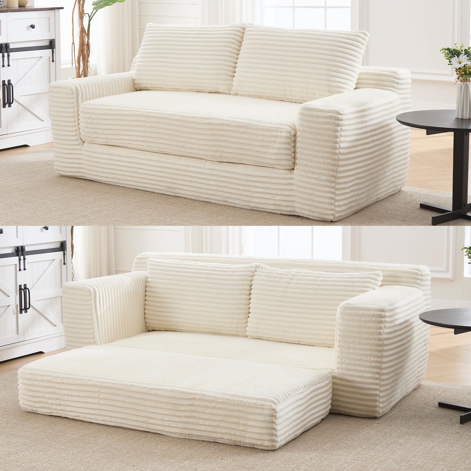GNIXUU Corduroy Cloud Loveseat Sofa, 2 in 1 Convertible Sleeper Sofa with Fixed-Shape Frame, Comfy Folding Boneless Love Seat Couches for Living Room, Apartment, Small Spaces Beige