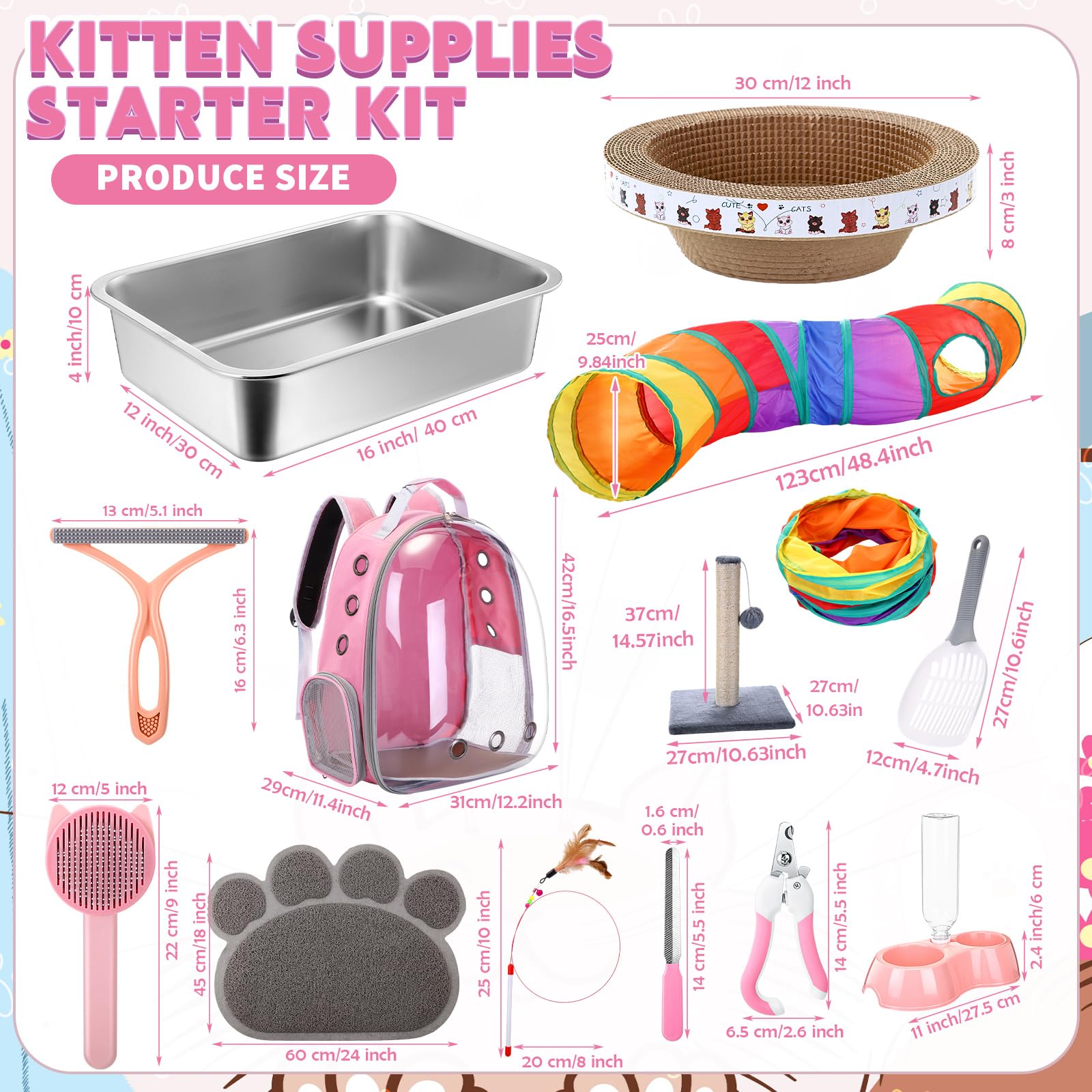 PullCrease 31 Pcs Kitten Supplies Starter Kit Kitten Essentials Starter Kit Include Stainless Steel Cats Litter Box Backpack Cat Scratcher Kitten Toys Accessories for Kitten Welcome Gift Supplies