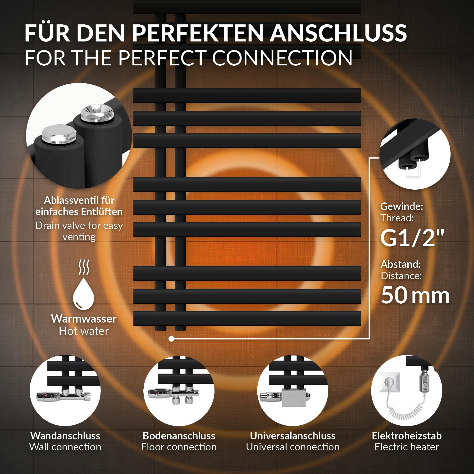 LuxeBath Radiador Eléctrico Iron EM 600 x 1400 mm Negro Mate, Estufa Toallera Vertical con Elemento Calefactor 1200W Termostato de Pantalla Digital, Calentador de Pared de Diseño Moderno para Baño