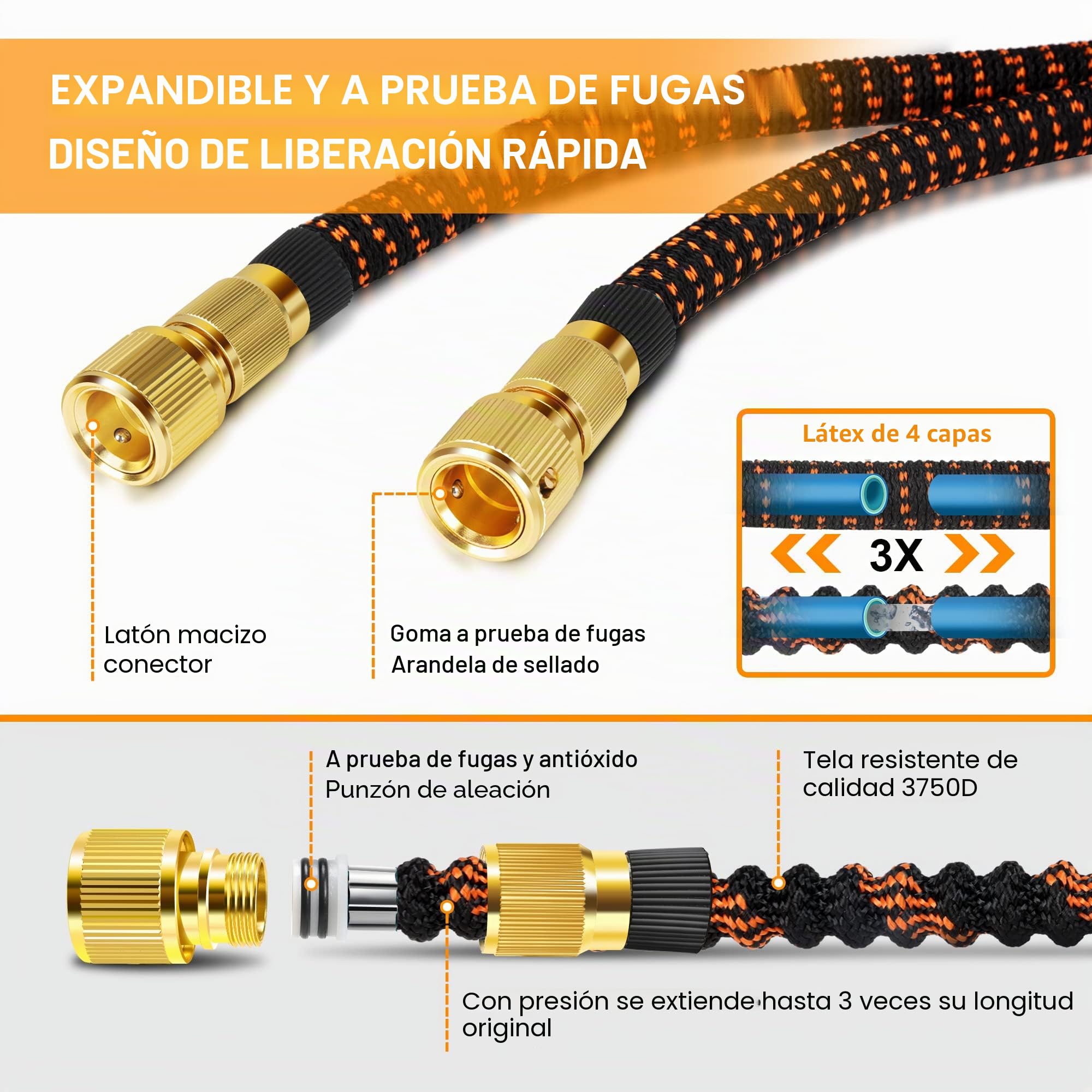 manguera jardin, manguera extensible con 10 boquillas de patrón de pulverización, conector de latón, tela 3750D, manguera de alta resistencia con núcleo de látex de 4 capas-30m/100ft