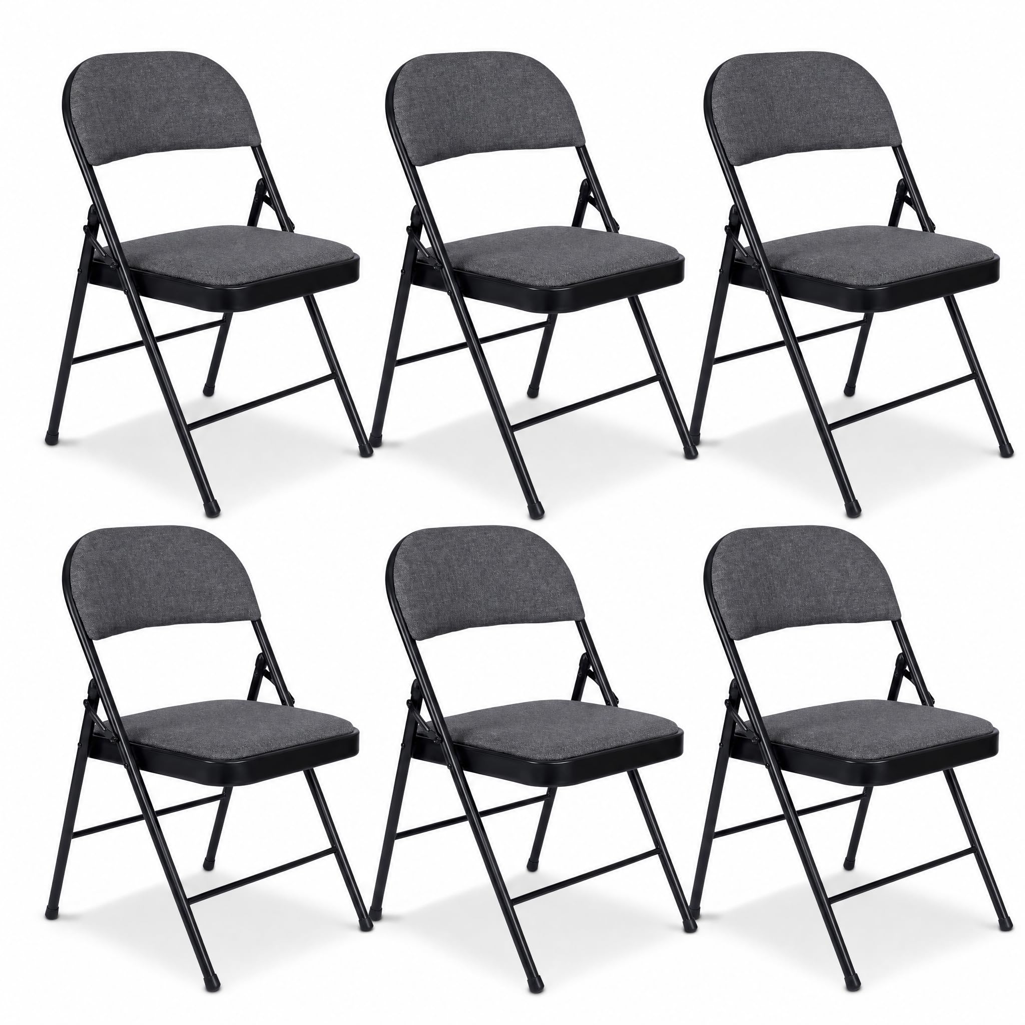 Bravich Folding Chairs Set of 6, Padded Fabric Foldable Dining Office Bedroom Vanity Chairs with Steel Frames, Fold Flat for Easy Storage, Grey, Pack of 6