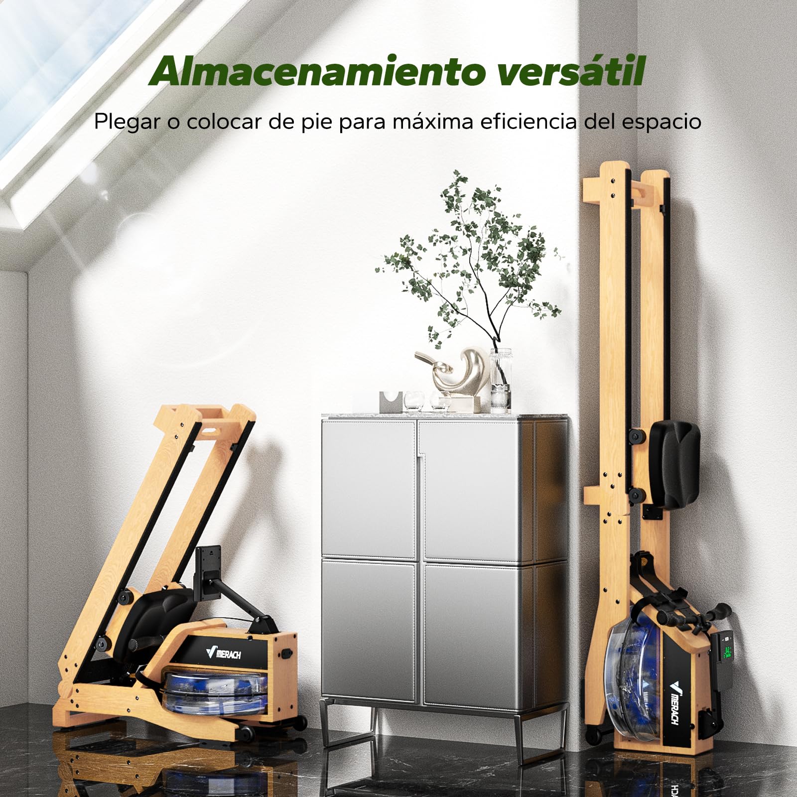 MERACH Máquina de Remo Plegable, Roble Rojo y Asiento cómodo, con aplicación Exclusiva, Mapa Interactivo y Juegos, Experiencia de Remo inmersiva, retroiluminación LED (R23O1)