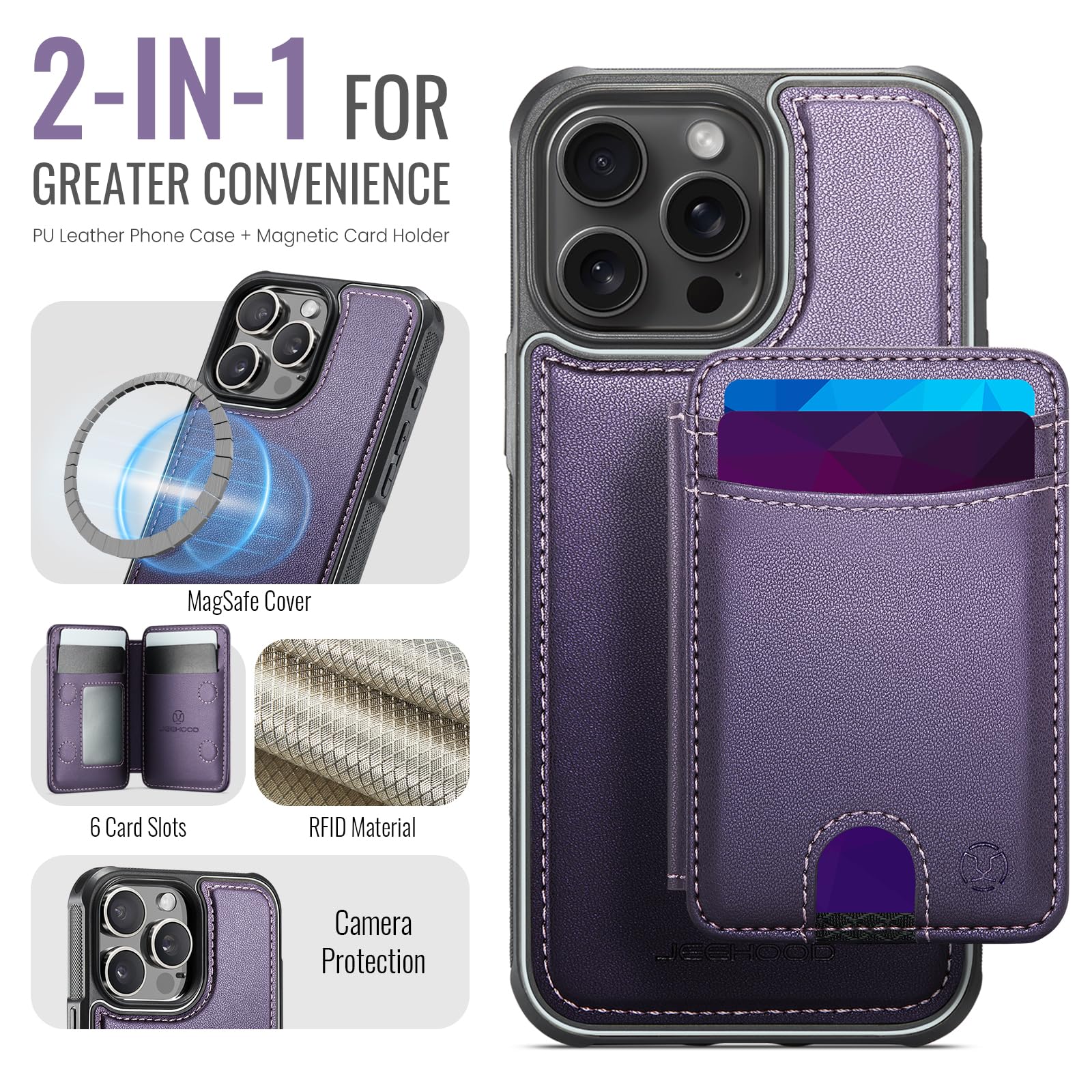 Custodia portafoglio staccabile per iPhone 15 ProMax,［Supporta la ricarica wireless］con RFID e porta carte magnetiche,custodia 2 in 1 in pelle PU per iPhone 15 ProMax（Viola）