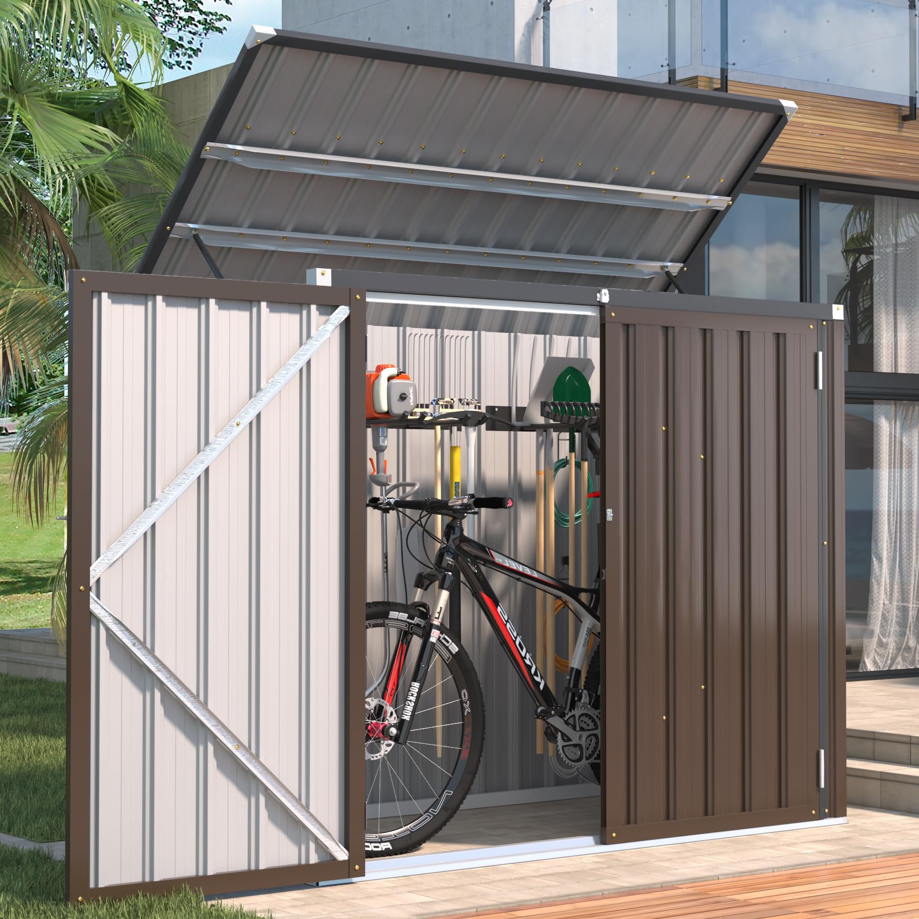 YODOLLA Mülltonnenbox 2er mit Gasdruckfeder, Gartenschrank Metall, Braun | Wetterfest Abschließbar Geräteschuppen für den Außenbereich, 150,6 x 80 x 117,6cm, 1300L