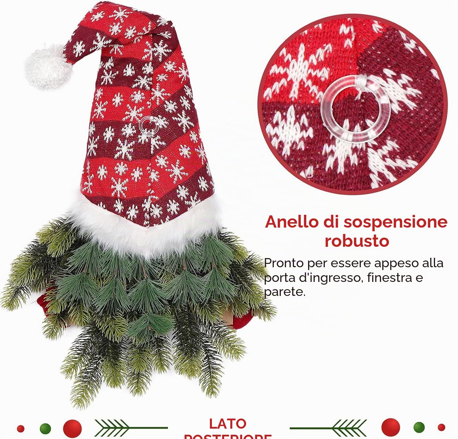 LATERN Ghirlanda di Gnomi di Natale, 70CM Ghirlanda da Appendere di Pino e Abete Rosso Artificiale con Svedese Tomte per Natale Porta D'ingresso Parete Finestra Camino Decorazione
