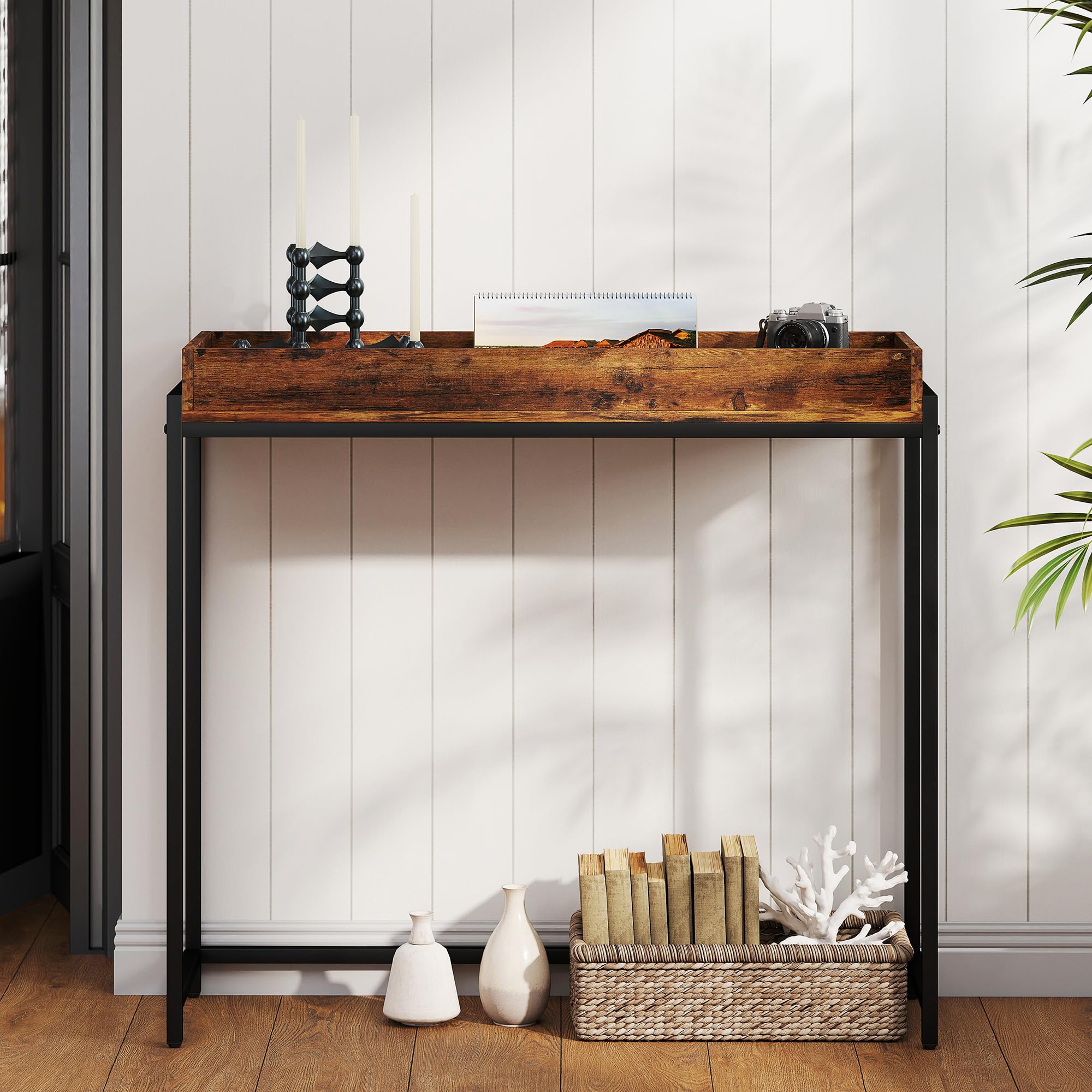 HOMCOM Konsola, stół do przedpokoju z poręczą, 100 x 30 x 91 cm, stolik pomocniczy z metalową ramą, stolik do sofy, mały stół wystawowy do małego pokoju, wejścia, korytarza, salonu, rustykalny brązowy