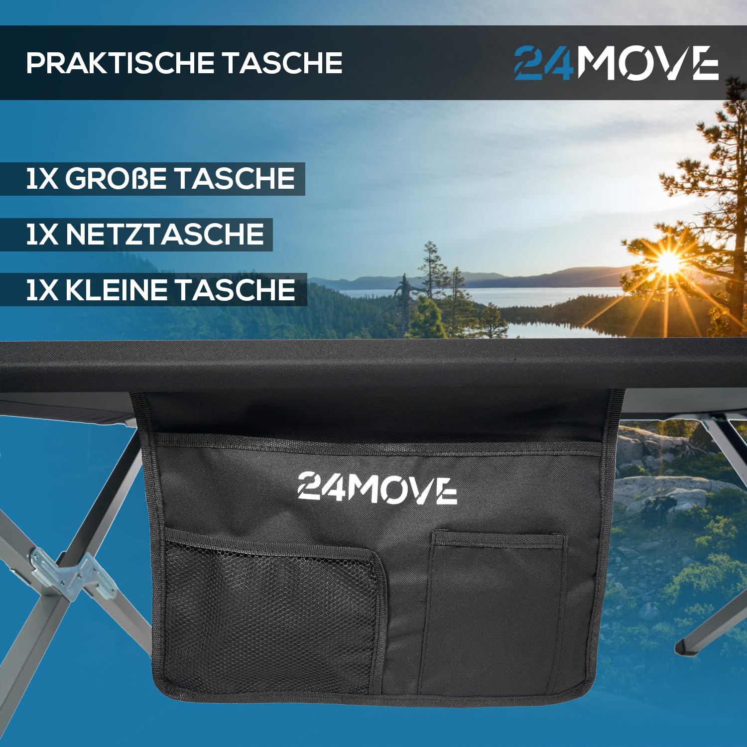 24MOVE® Feldbett Campingbett bis 200 kg In-und Outdoor Camping faltbar, 210 x 72 x 45cm, tragbar mit Tasche, für Garten oder Reisen