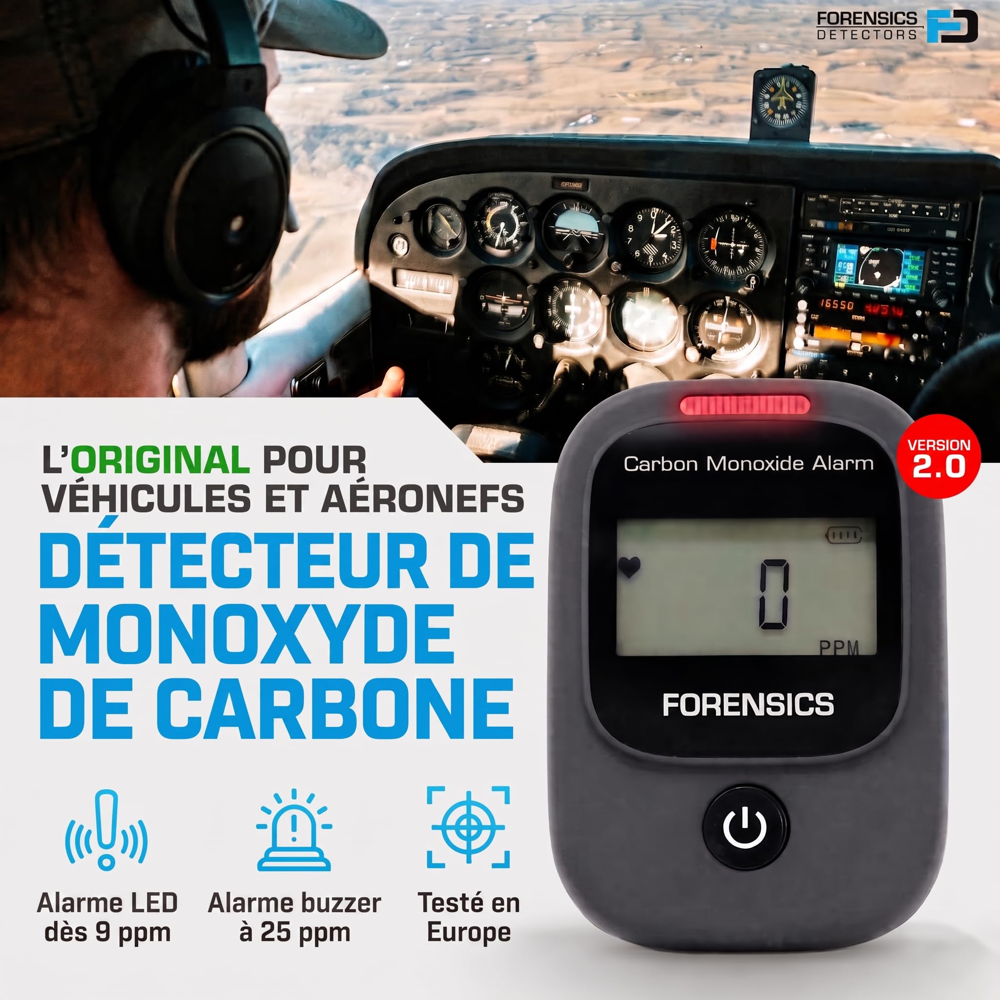 Détecteur de Monoxyde de Carbone (CO) pour Véhicules et Aéronefs | Alarme Rapide À Bas Niveau À 9 ppm (Version 2.0)