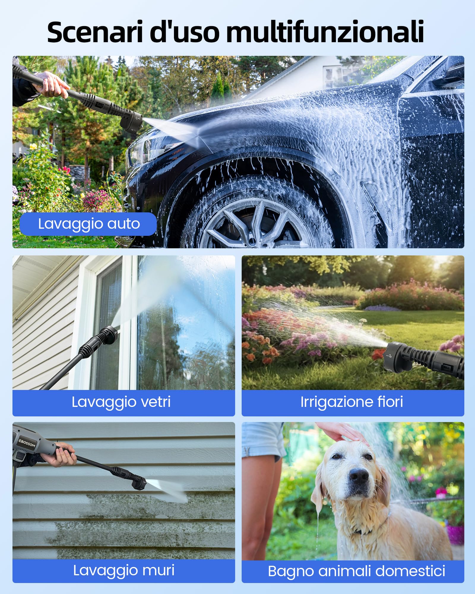 Idropulitrice a Batteria 65Bar, Pistola Pulitore ad Alta Pressione Portatile Jet Mobile Nozzle Regolabile 6-in-1 per Lavaggio Auto Giardino Prato e Irrigazione Piante Pressure Washer(2X 3Ah Batteria)