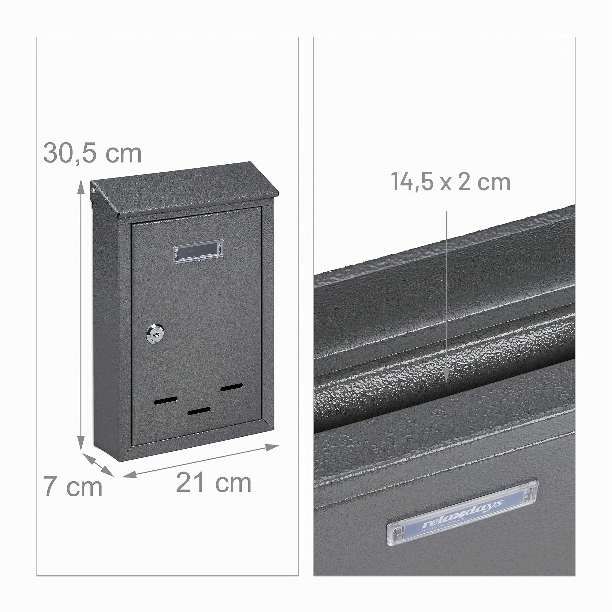 Relaxdays Buzón Pared Vertical, Placa para Nombres, Metal, con 2 Llaves, de Exterior, Estrecho, 30,5 x 21 x 7 cm, Gris