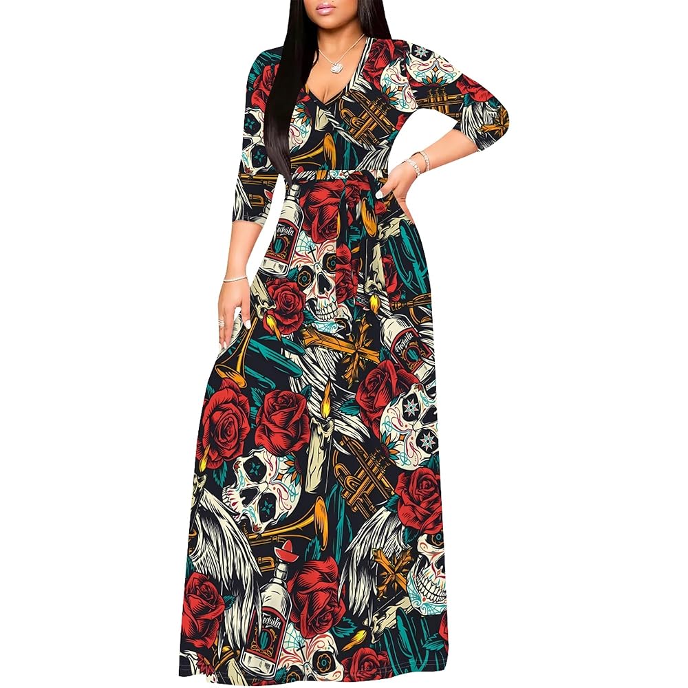Wryran Women's Halloween Skull Print Maxi Dresses Summer