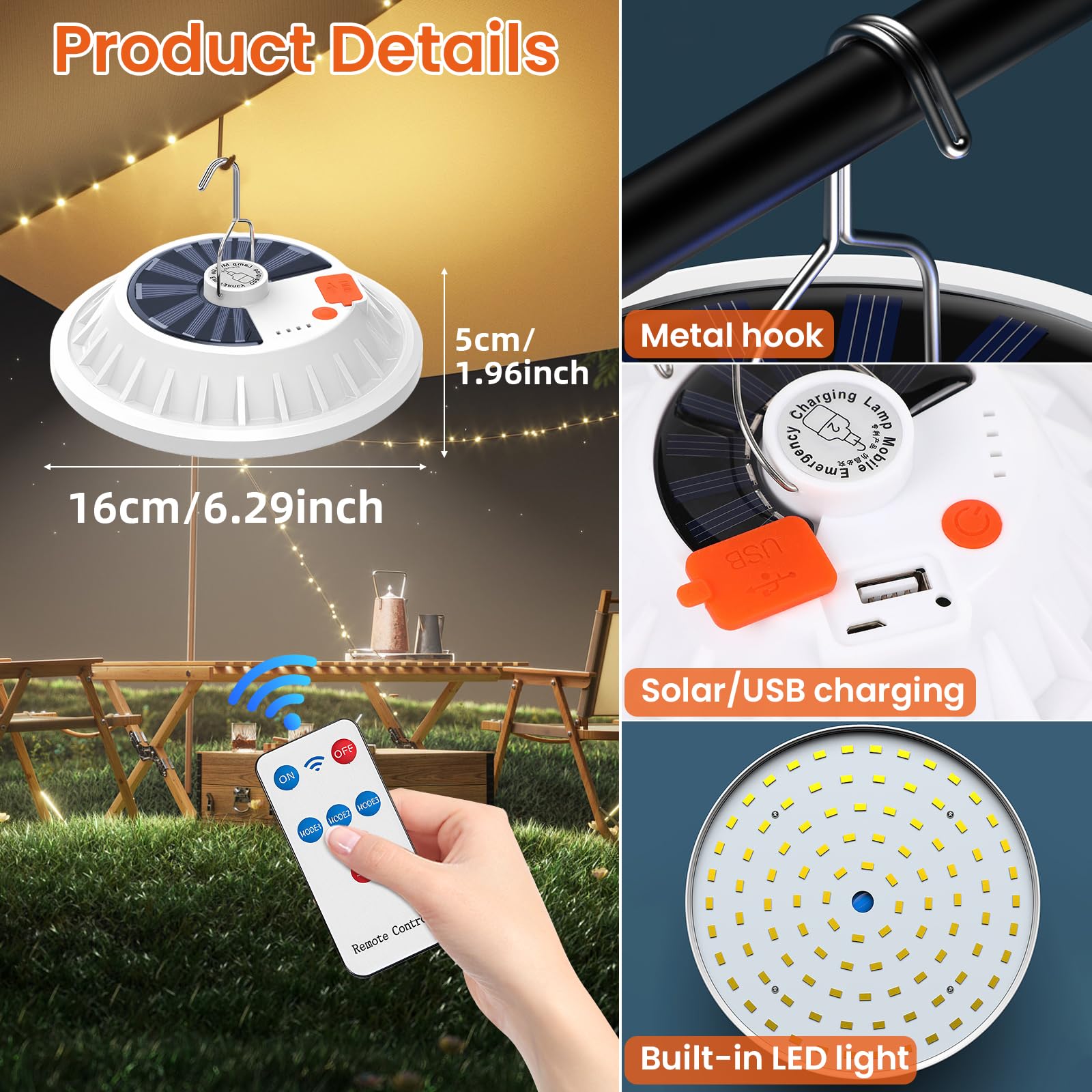 Lampara Solar Camping, 2 Piezas Luz Camping Recargable, con 5 Modos de lluminación y Mando a Distancia, IPX7 Impermeable Portátil Luz de Emergencia para Acampar Carpa Pesca Senderismo